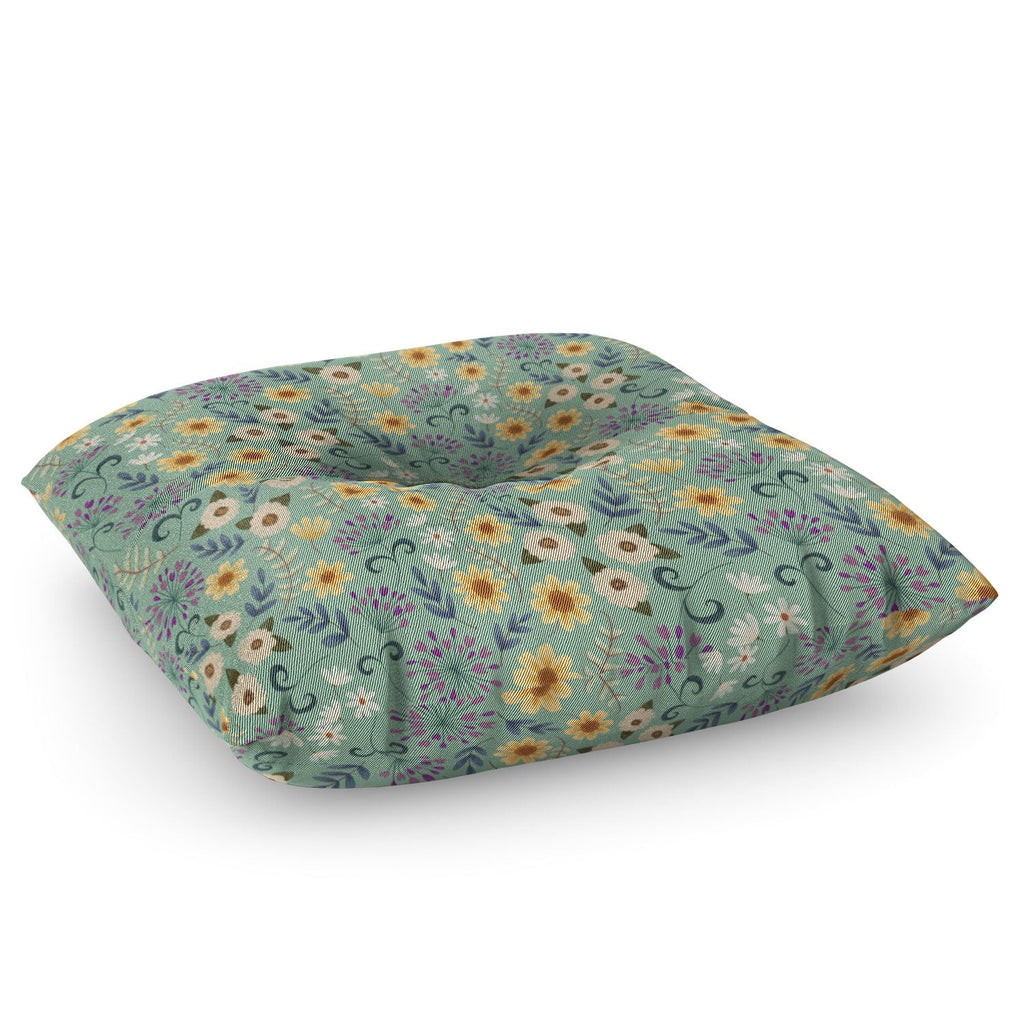 Pimlada Phuapradit Ditsy Floral Blue Green Floor Pillow Square