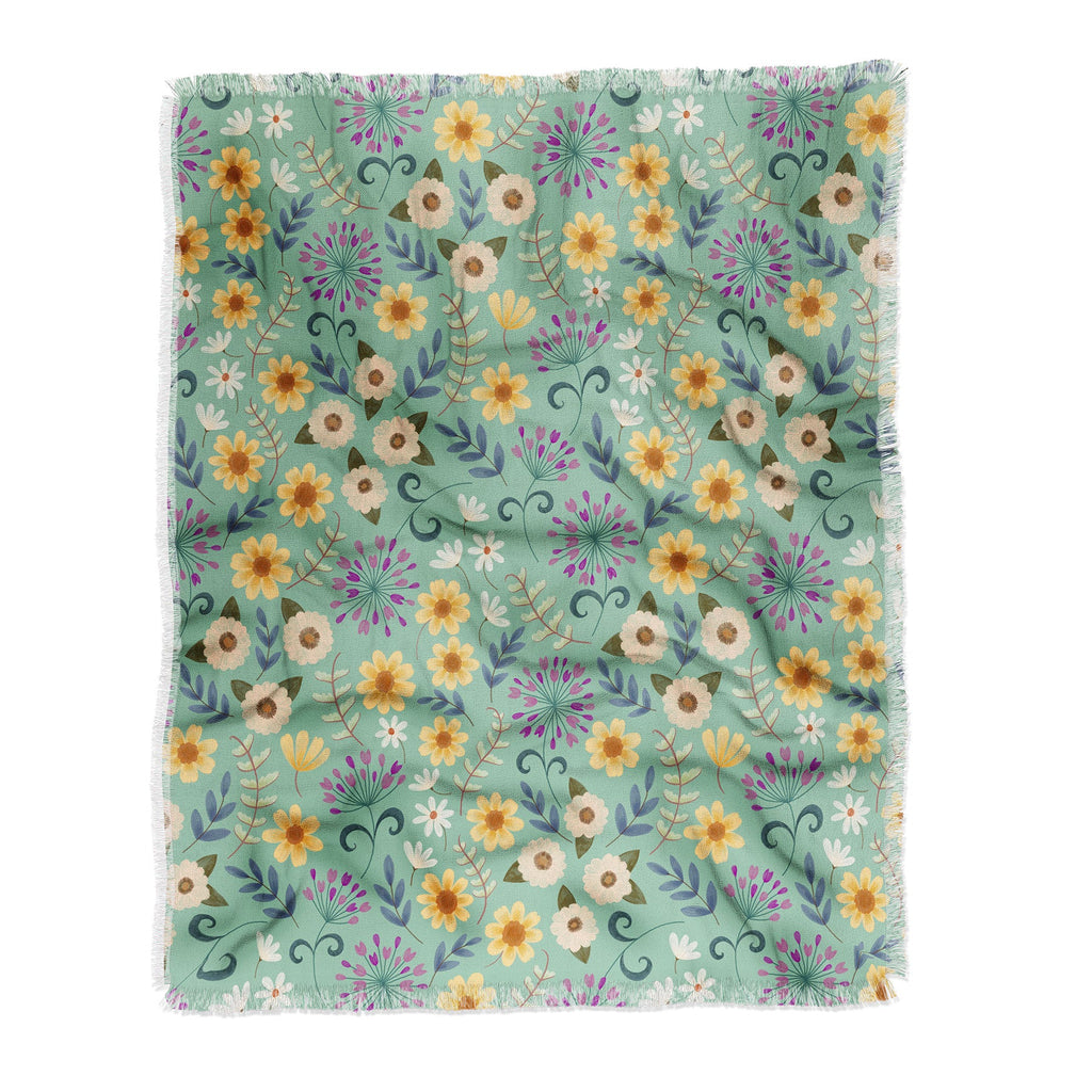 Pimlada Phuapradit Ditsy Floral Blue Green Throw Blanket