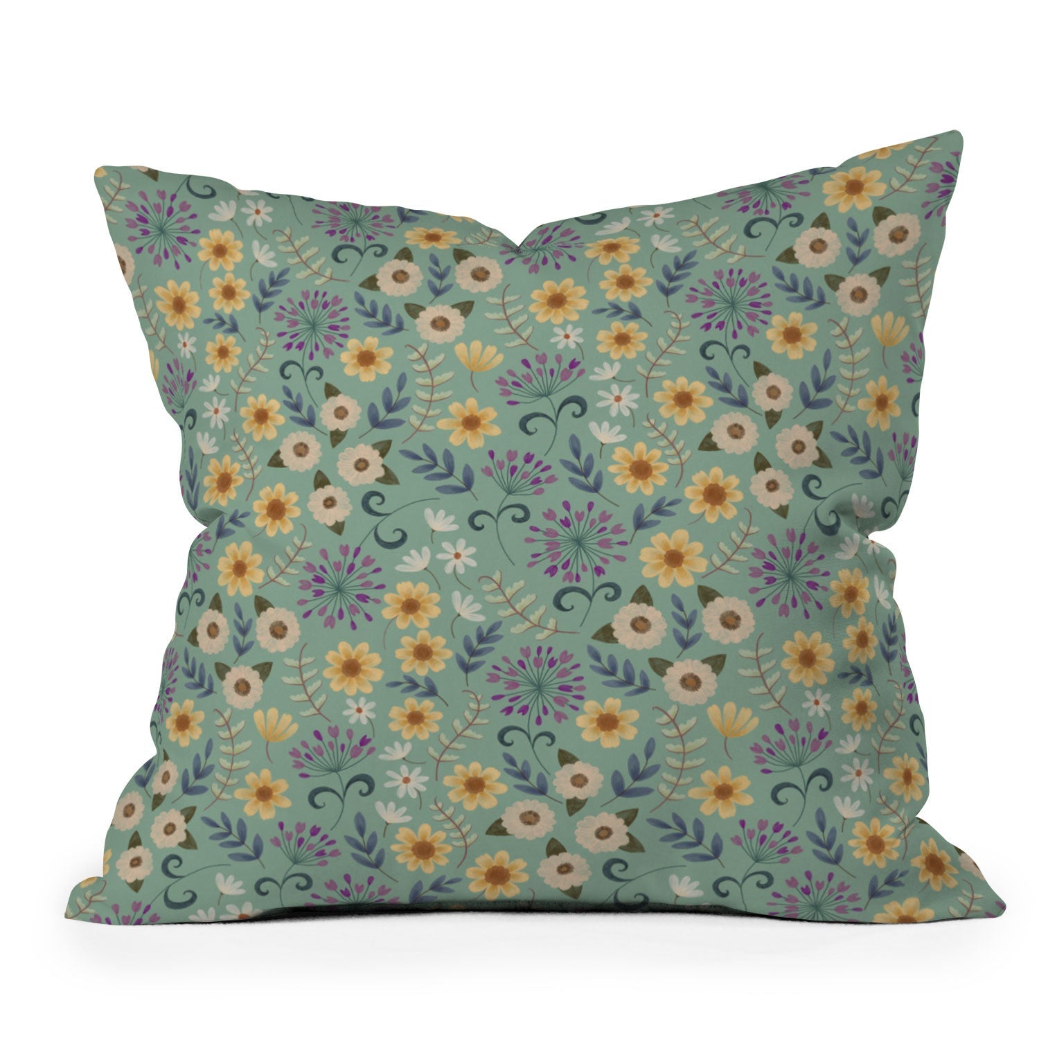 Pimlada Phuapradit Ditsy Floral Blue Green Throw Pillow