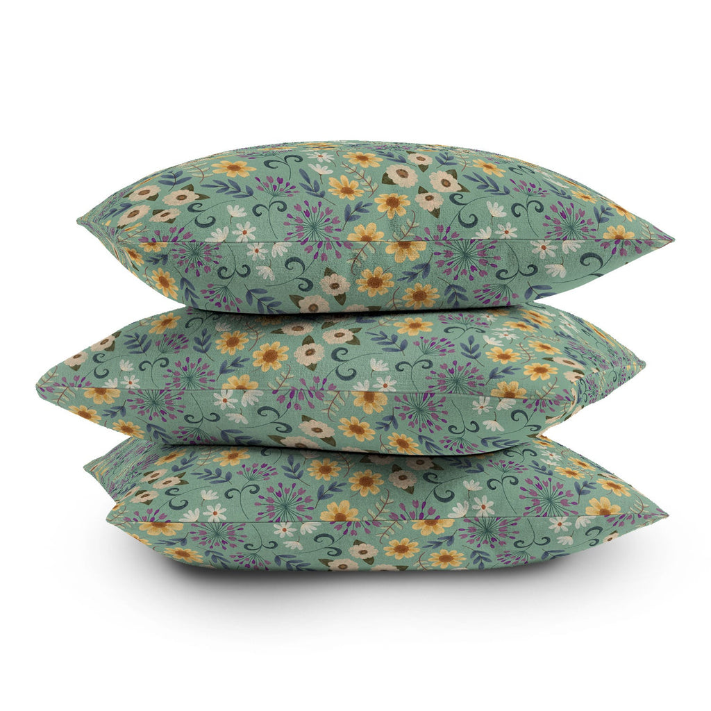 Pimlada Phuapradit Ditsy Floral Blue Green Throw Pillow
