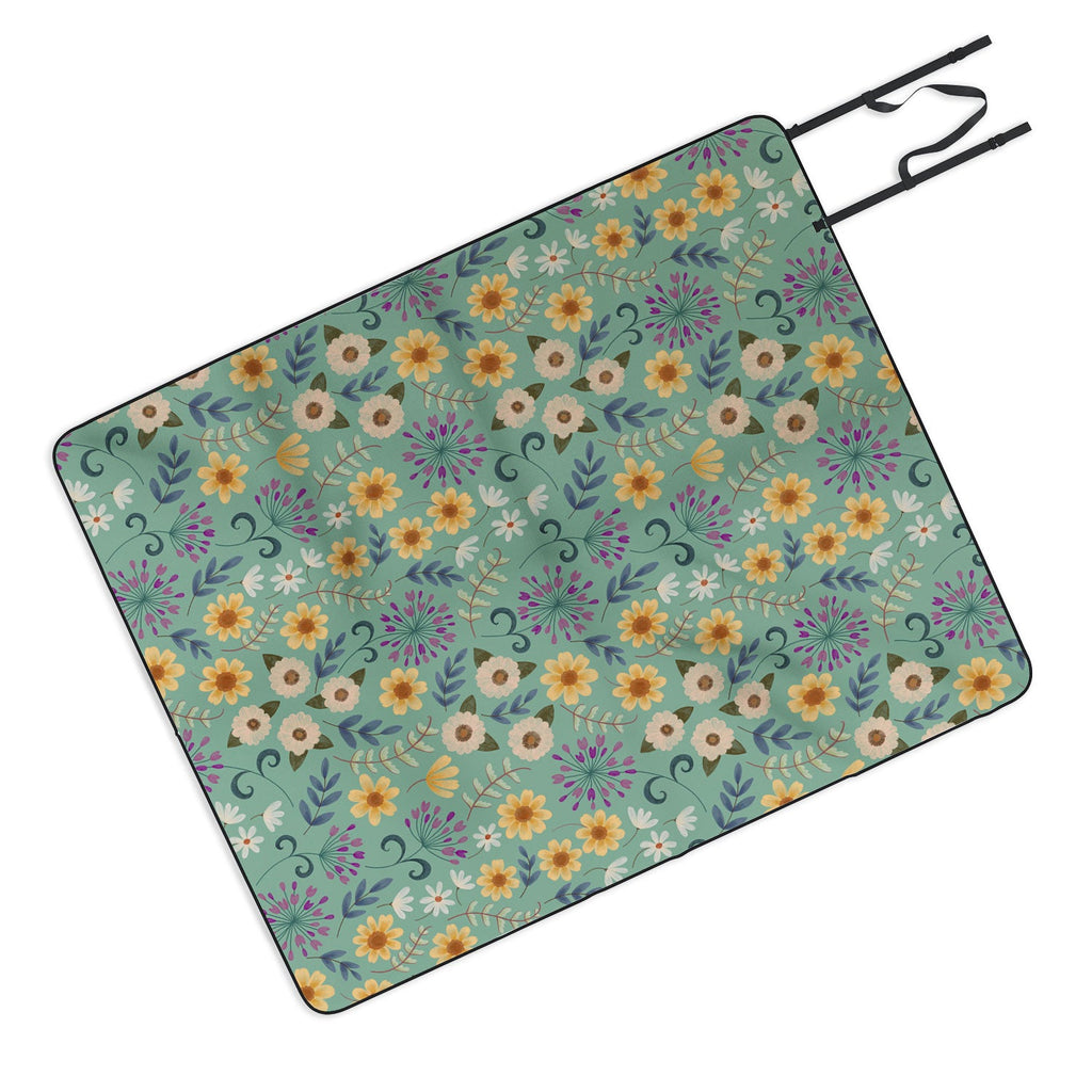 Pimlada Phuapradit Ditsy Floral Blue Green Picnic Blanket