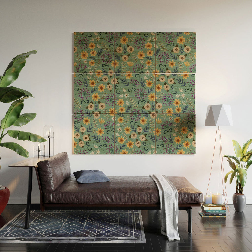 Pimlada Phuapradit Ditsy Floral Blue Green Wood Wall Mural
