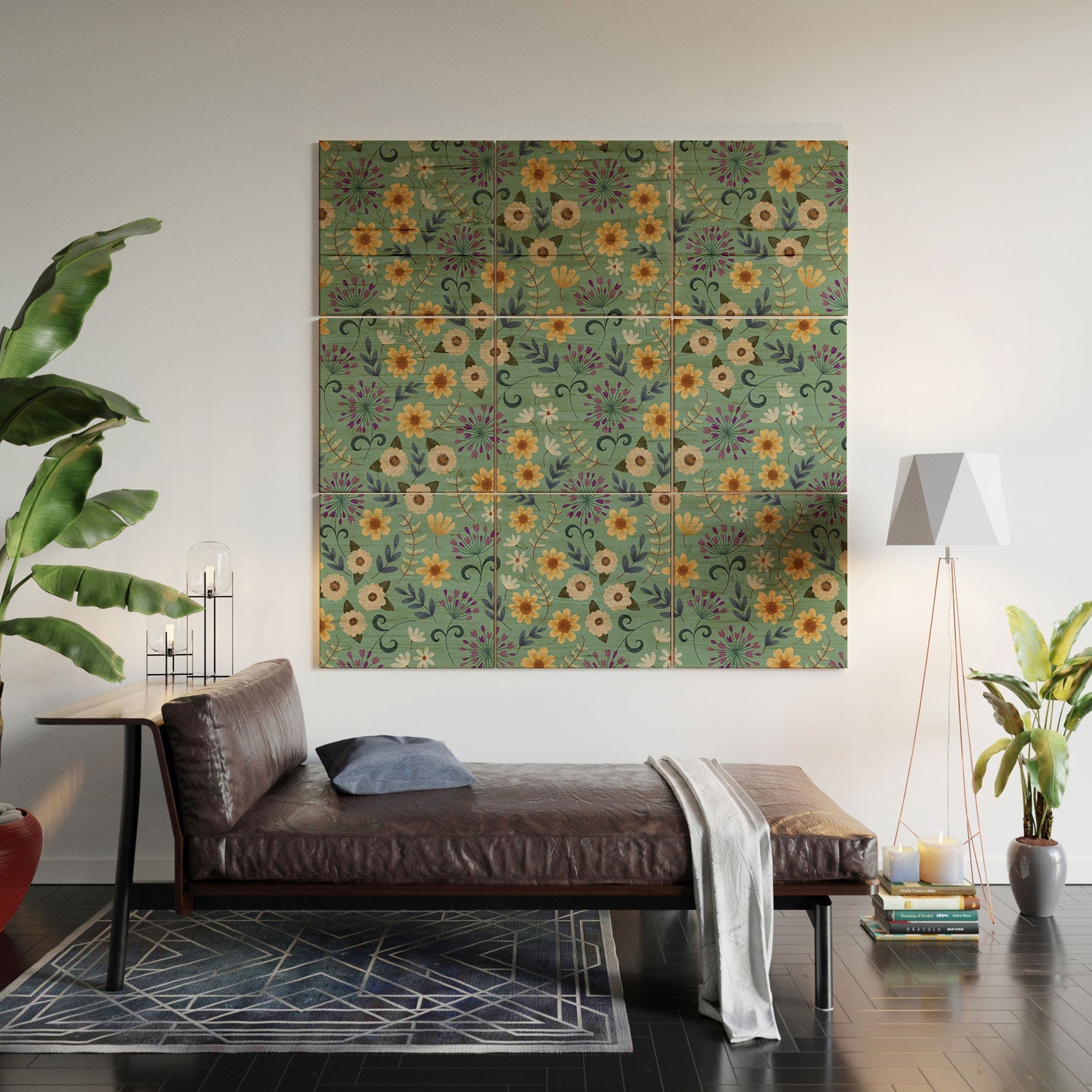 Pimlada Phuapradit Ditsy Floral Blue Green Wood Wall Mural