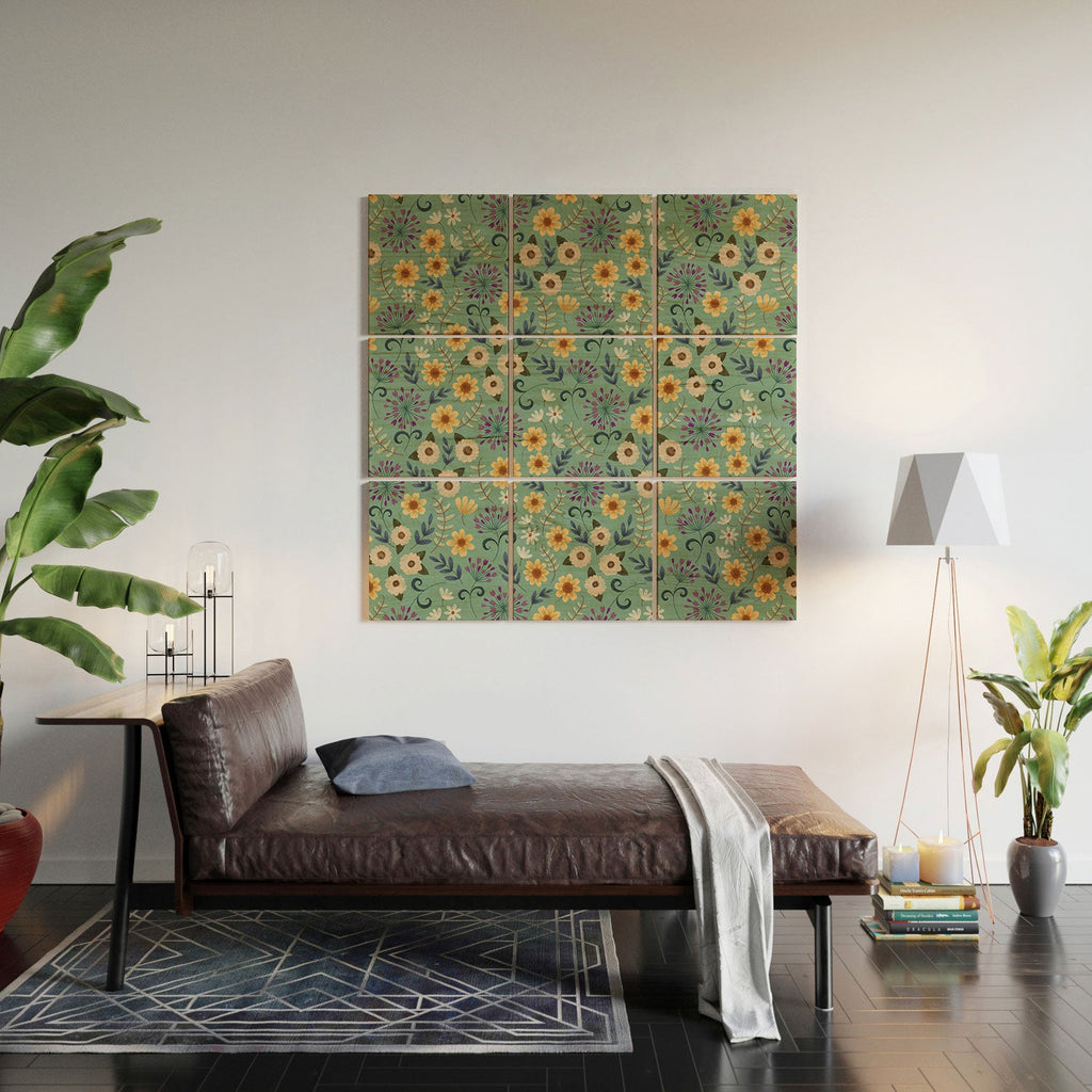 Pimlada Phuapradit Ditsy Floral Blue Green Wood Wall Mural