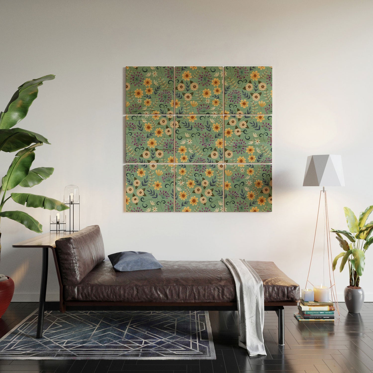 Pimlada Phuapradit Ditsy Floral Blue Green Wood Wall Mural