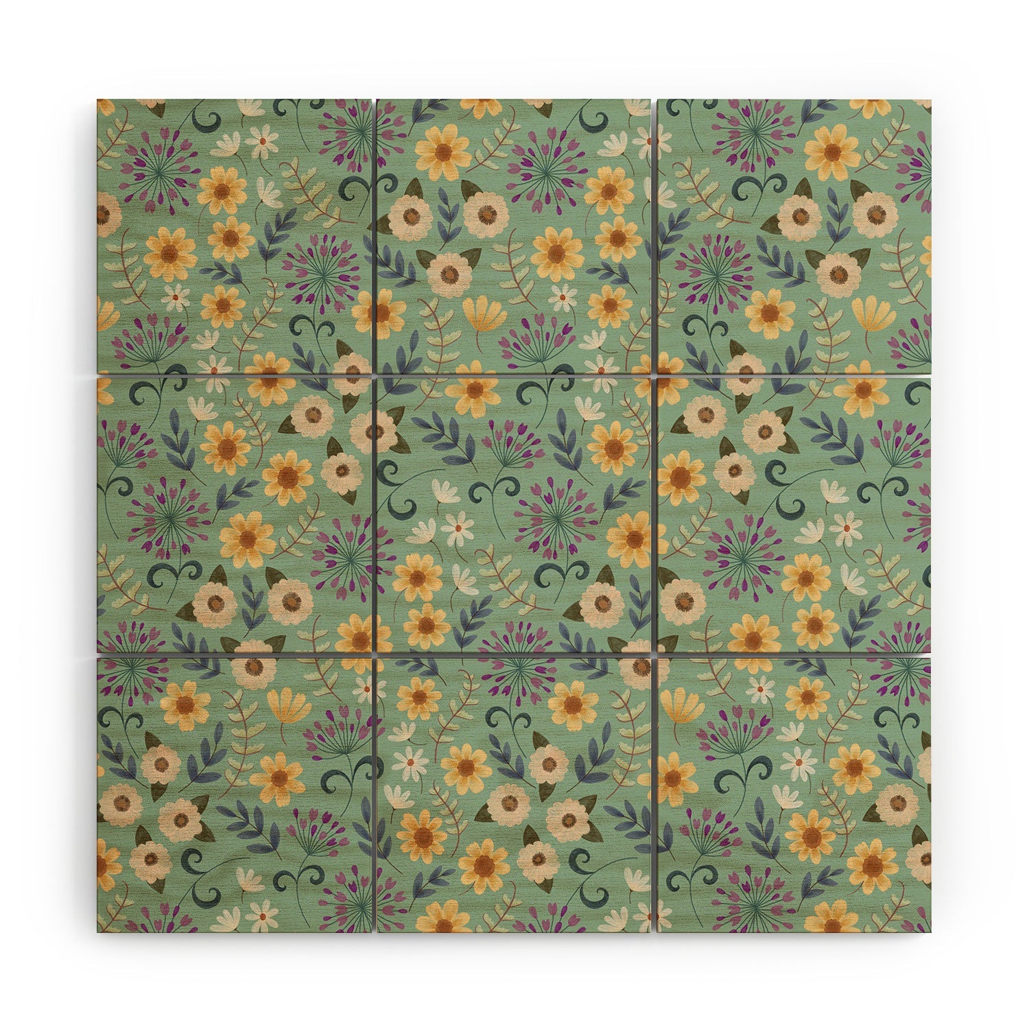 Pimlada Phuapradit Ditsy Floral Blue Green Wood Wall Mural