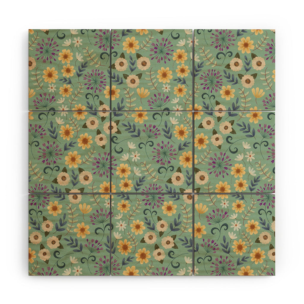 Pimlada Phuapradit Ditsy Floral Blue Green Wood Wall Mural