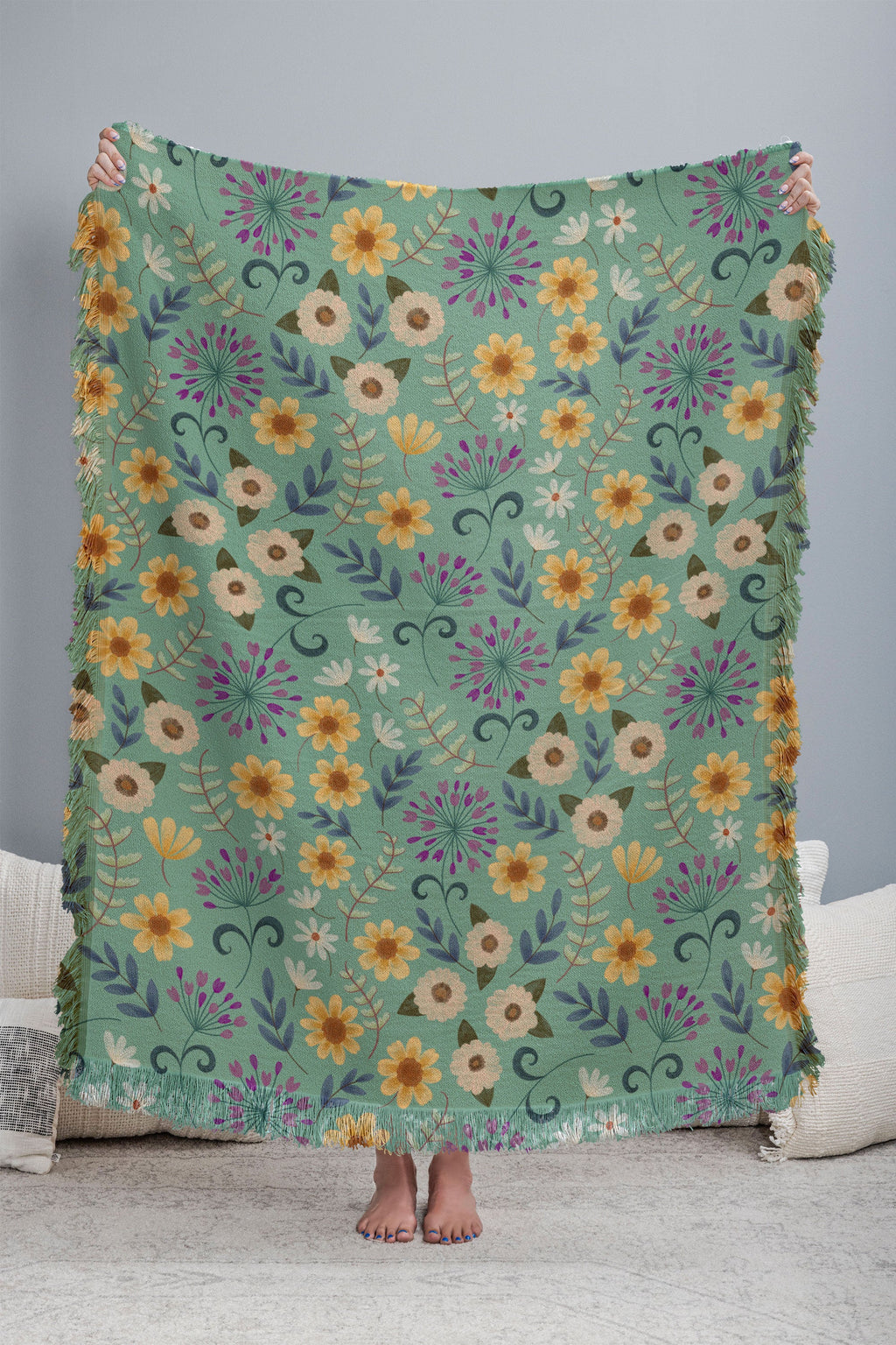 Pimlada Phuapradit Ditsy Floral Blue Green Throw Blanket