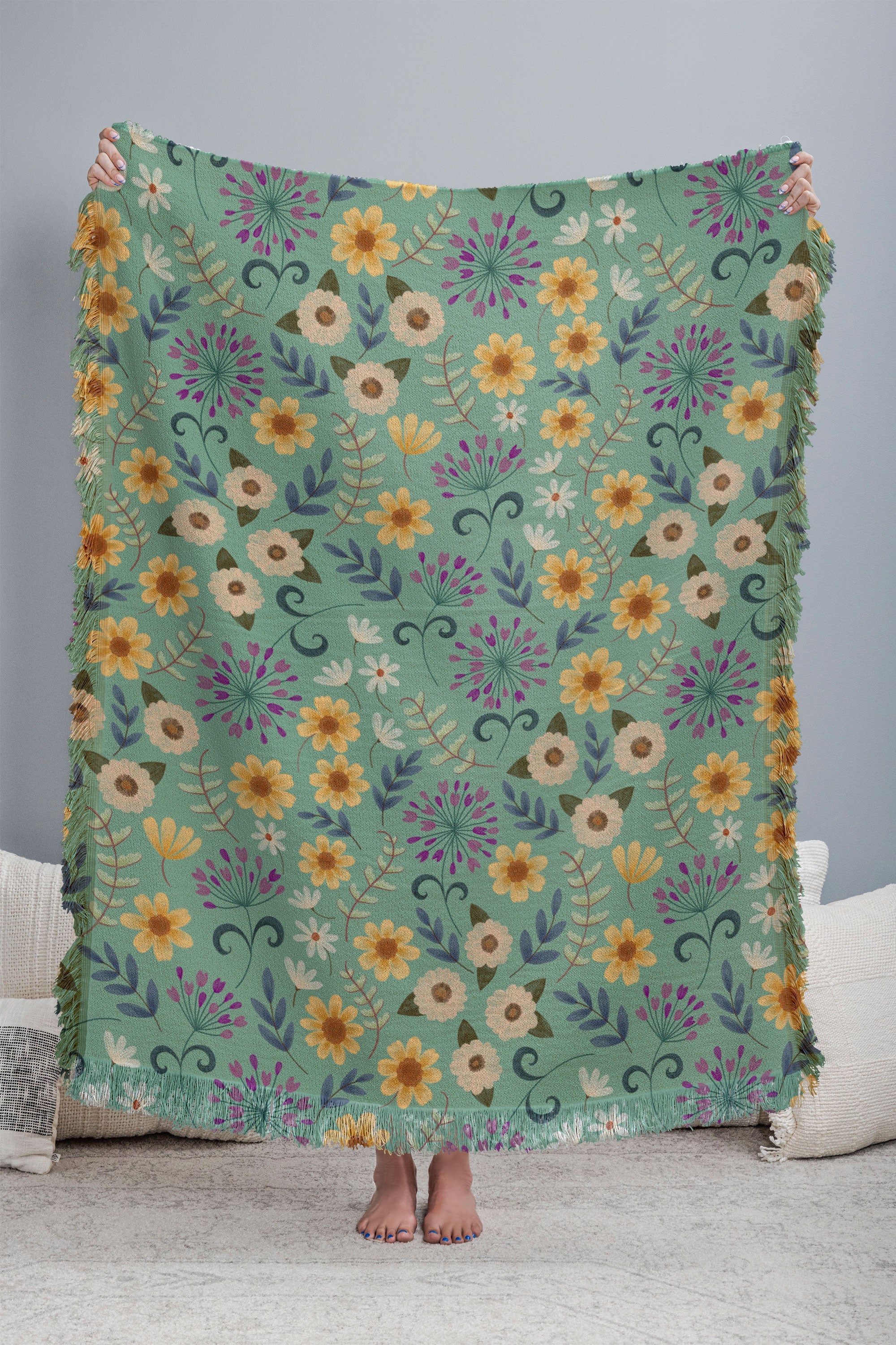 Pimlada Phuapradit Ditsy Floral Blue Green Throw Blanket