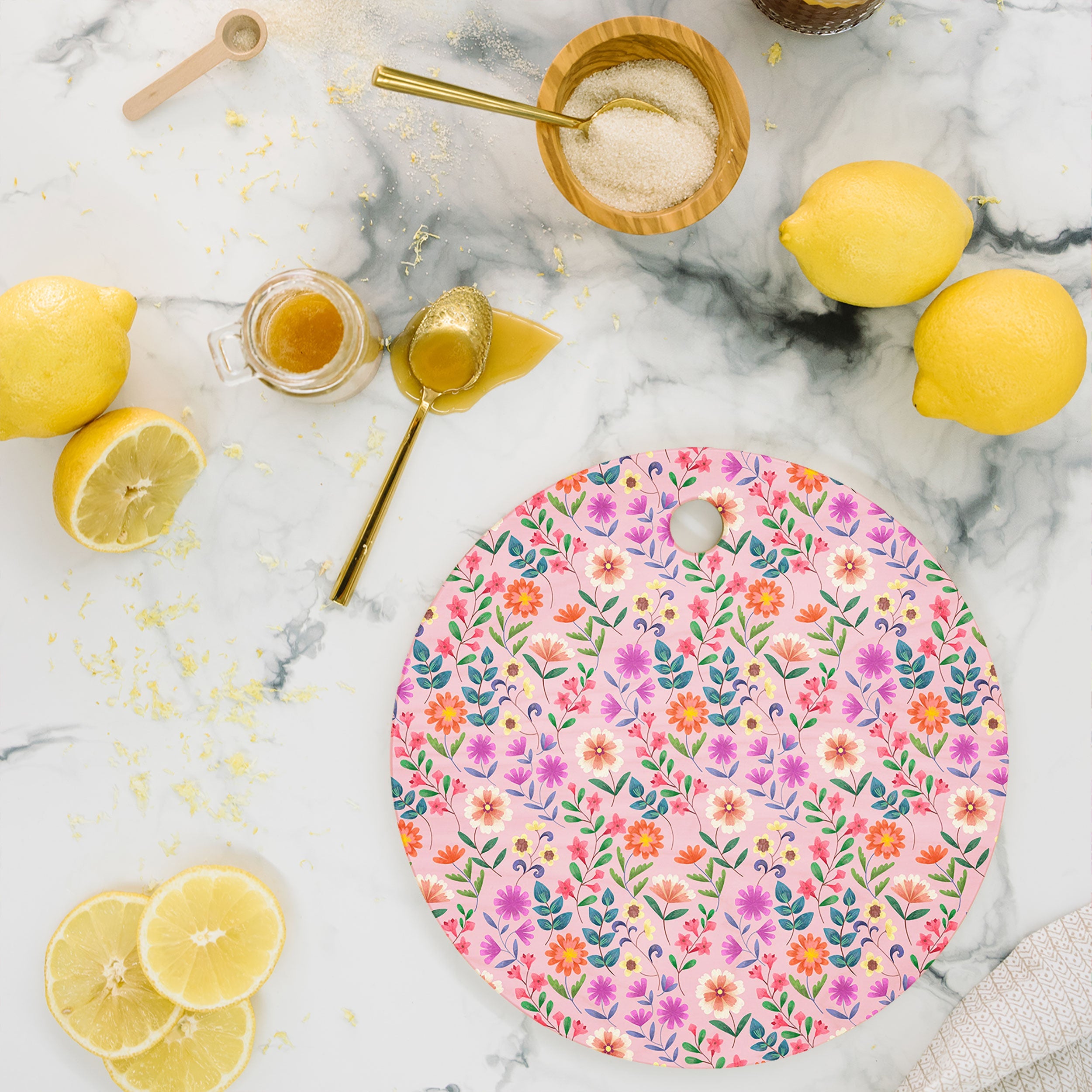 Pimlada Phuapradit Ditsy Floral Pink Cutting Board Round