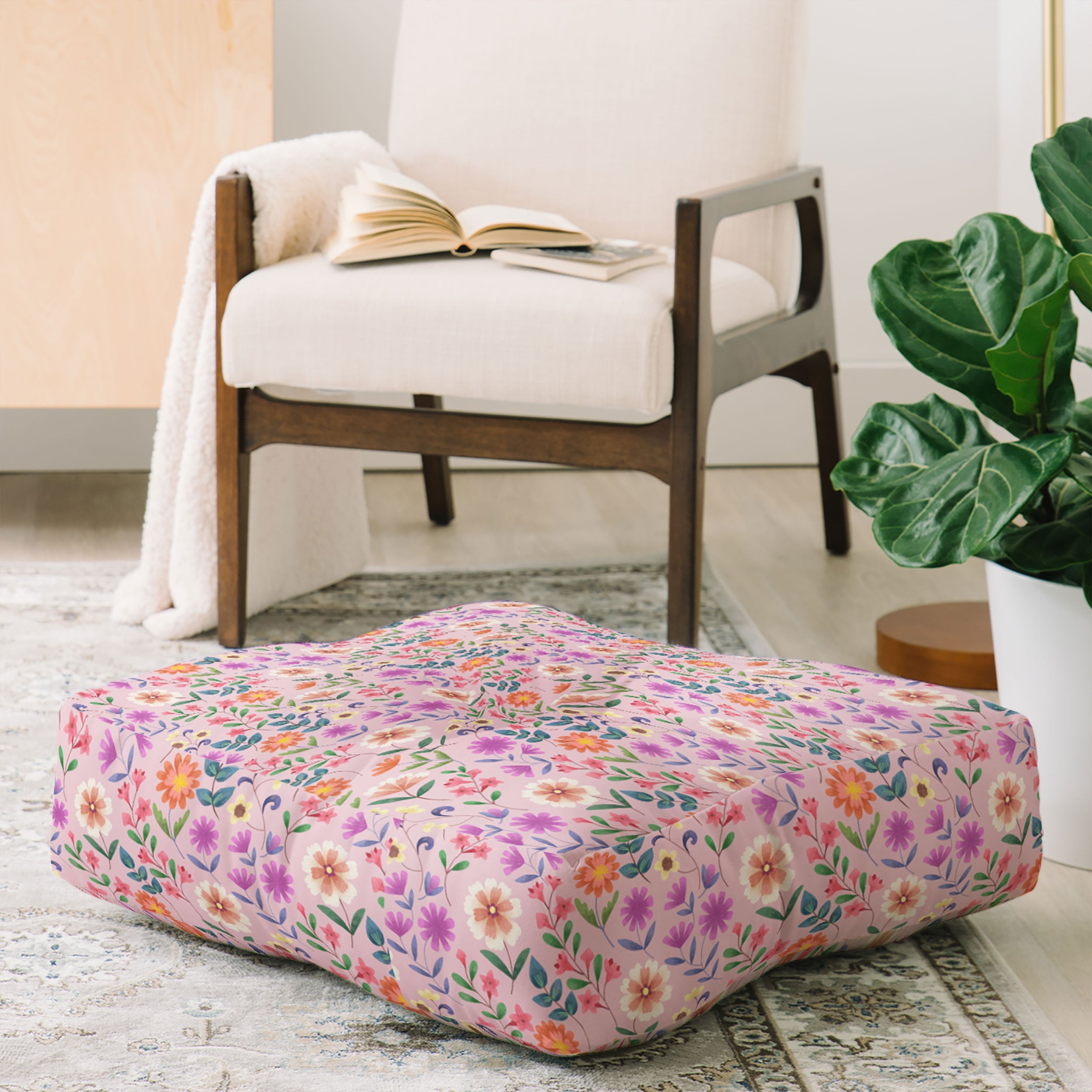Pimlada Phuapradit Ditsy Floral Pink Floor Pillow Square