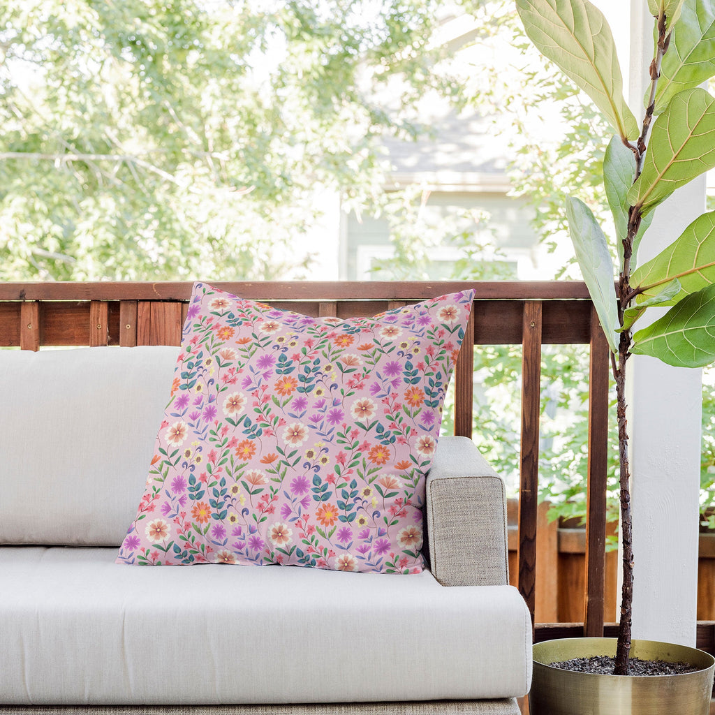 Pimlada Phuapradit Ditsy Floral Pink Outdoor Throw Pillow