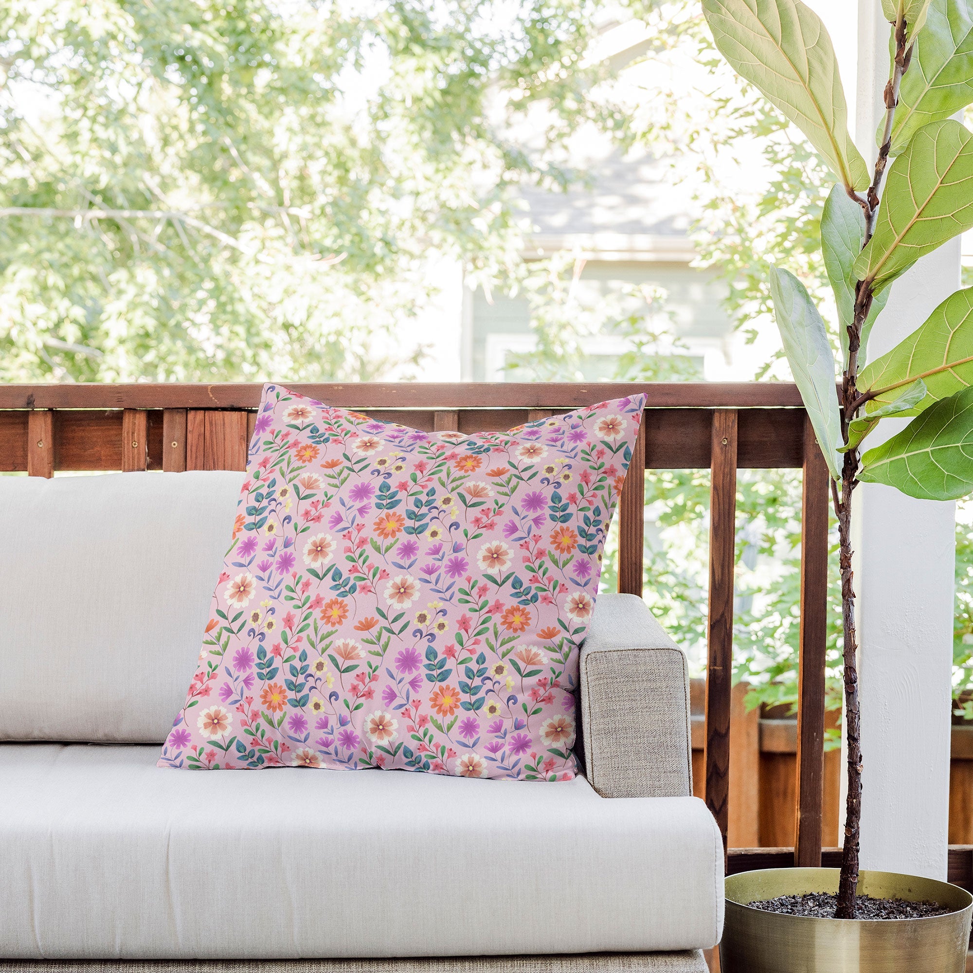 Pimlada Phuapradit Ditsy Floral Pink Outdoor Throw Pillow