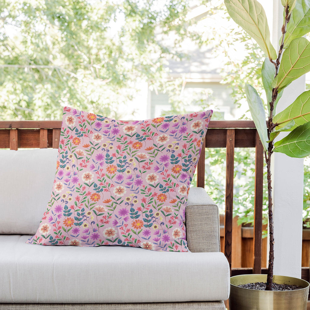 Pimlada Phuapradit Ditsy Floral Pink Outdoor Throw Pillow