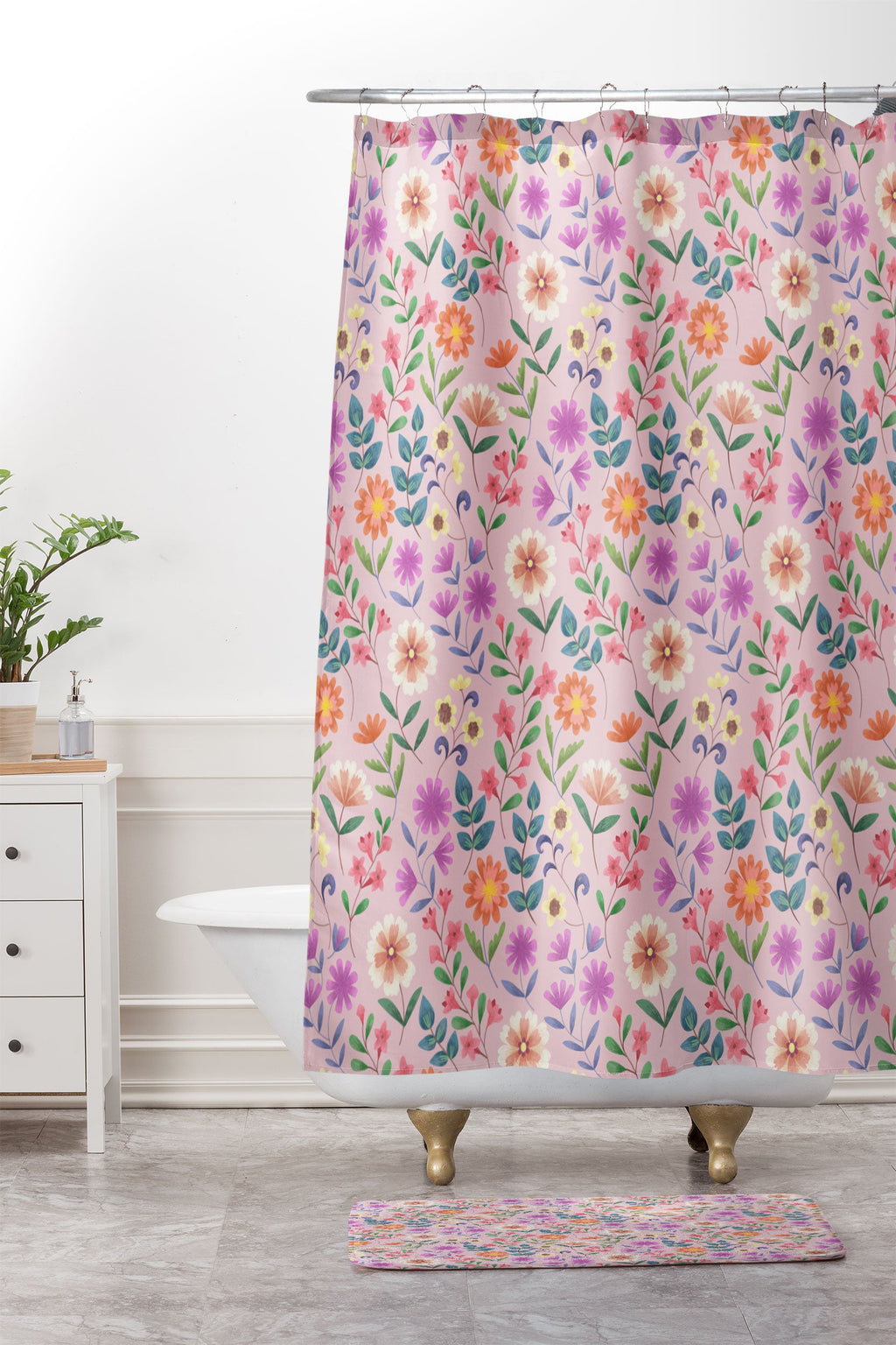 Pimlada Phuapradit Ditsy Floral Pink Memory Foam Bath Mat