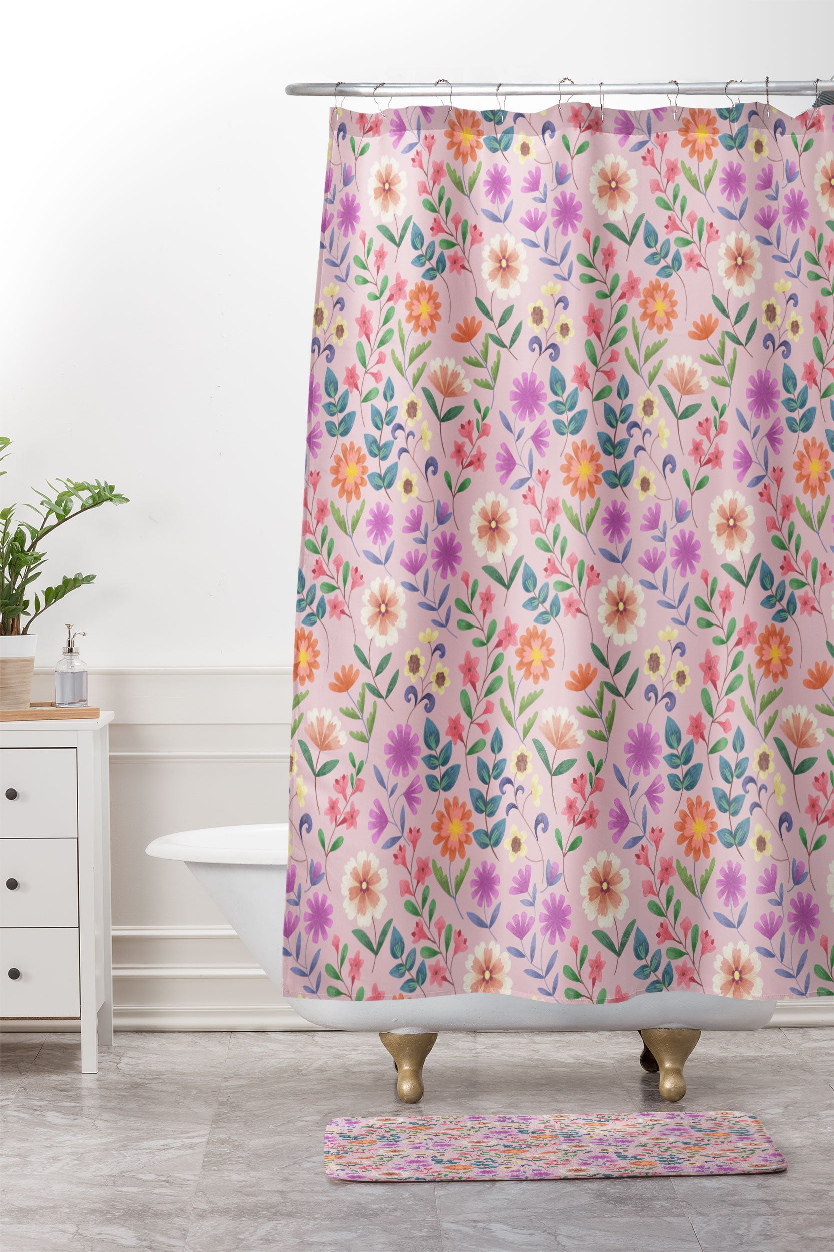 Pimlada Phuapradit Ditsy Floral Pink Shower Curtain And Mat