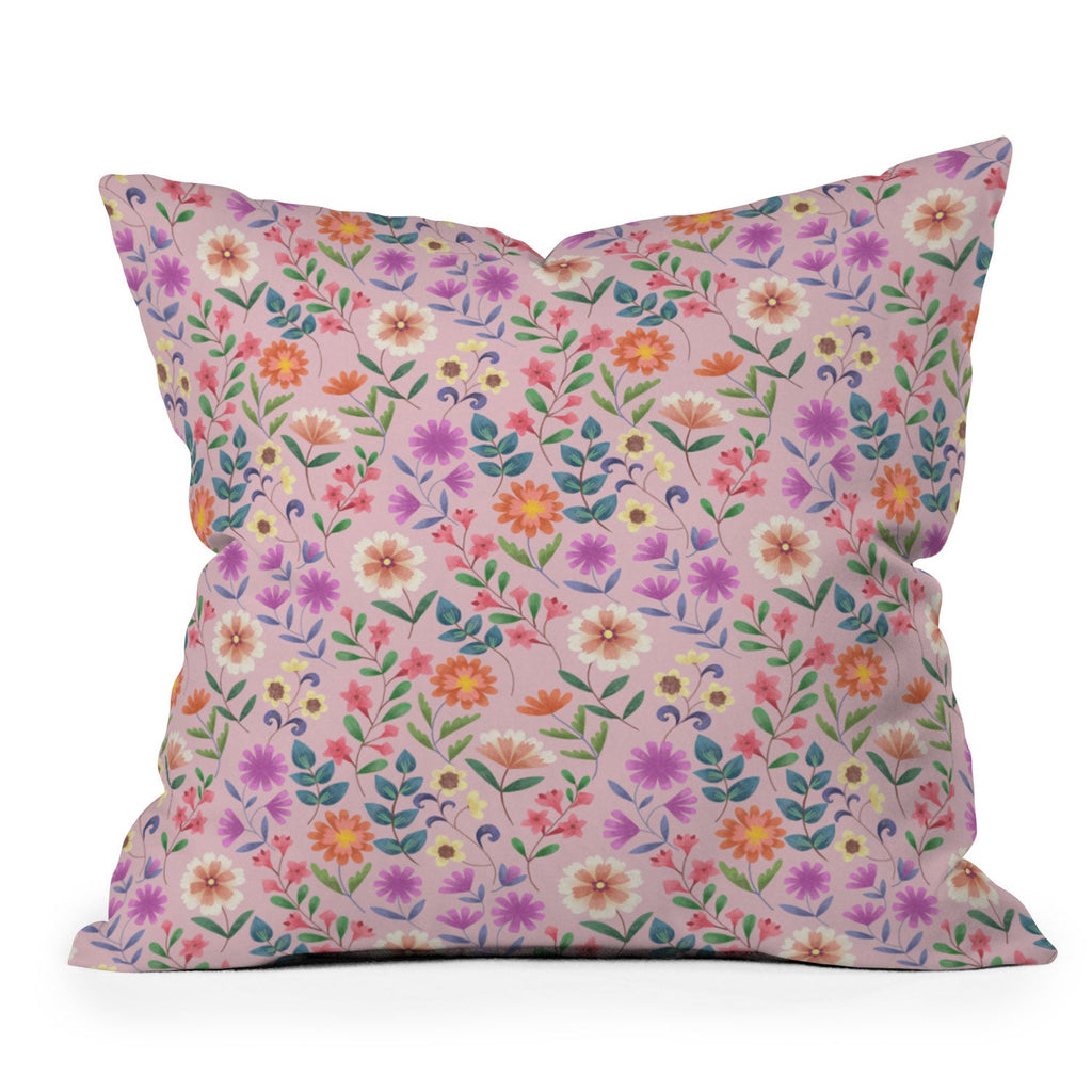Pimlada Phuapradit Ditsy Floral Pink Outdoor Throw Pillow