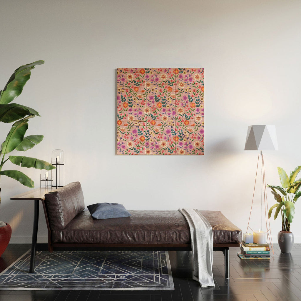 Pimlada Phuapradit Ditsy Floral Pink Wood Wall Mural