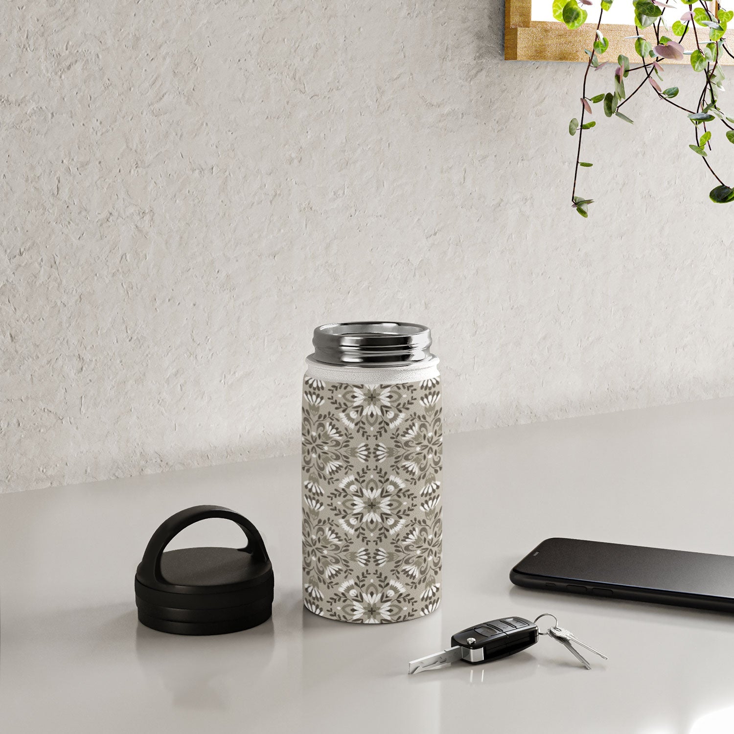 Pimlada Phuapradit Floral Tiles Gray Water Bottle