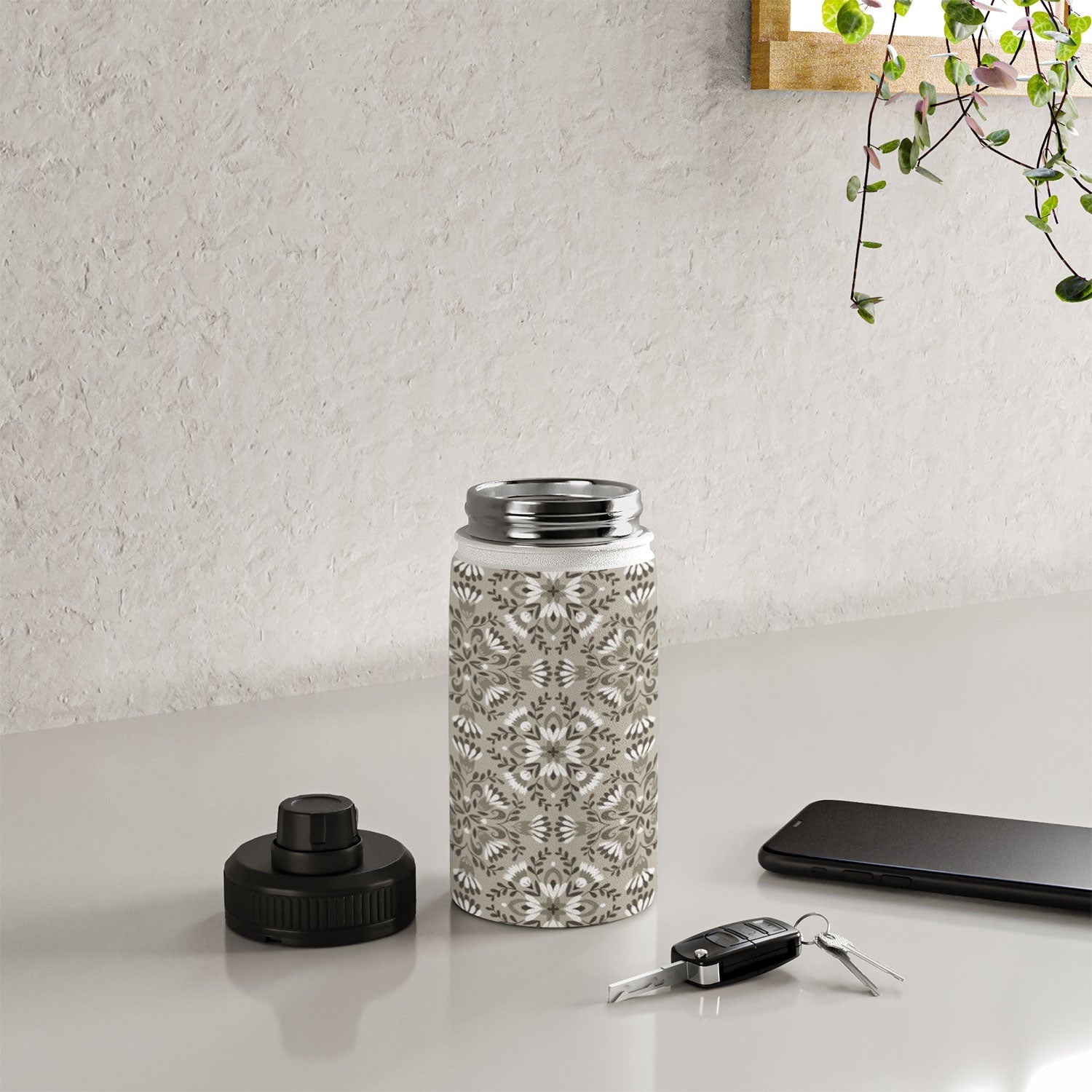 Pimlada Phuapradit Floral Tiles Gray Water Bottle
