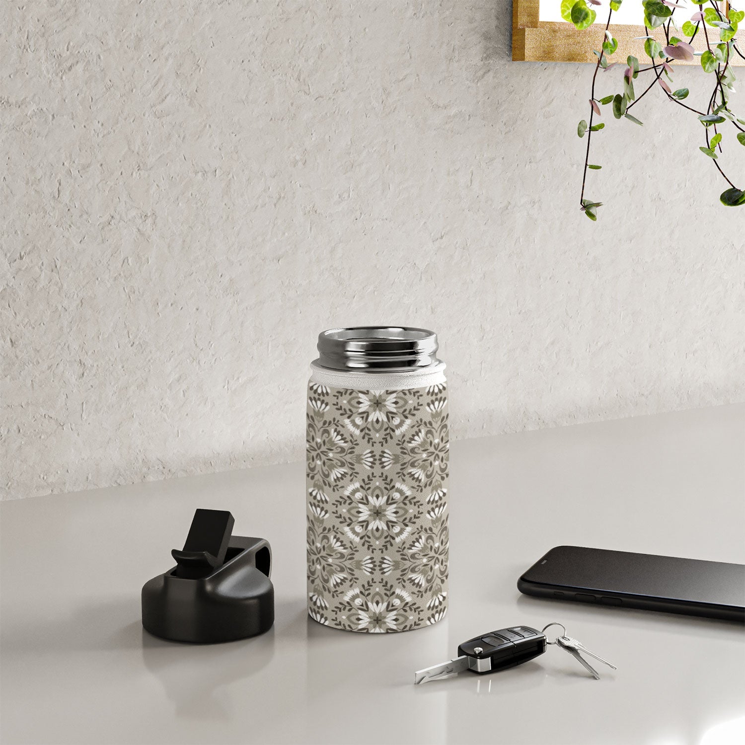 Pimlada Phuapradit Floral Tiles Gray Water Bottle