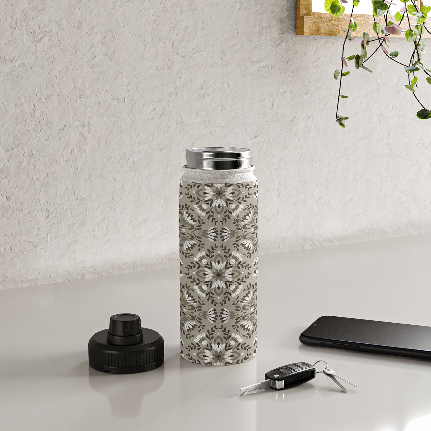 Pimlada Phuapradit Floral Tiles Gray Water Bottle