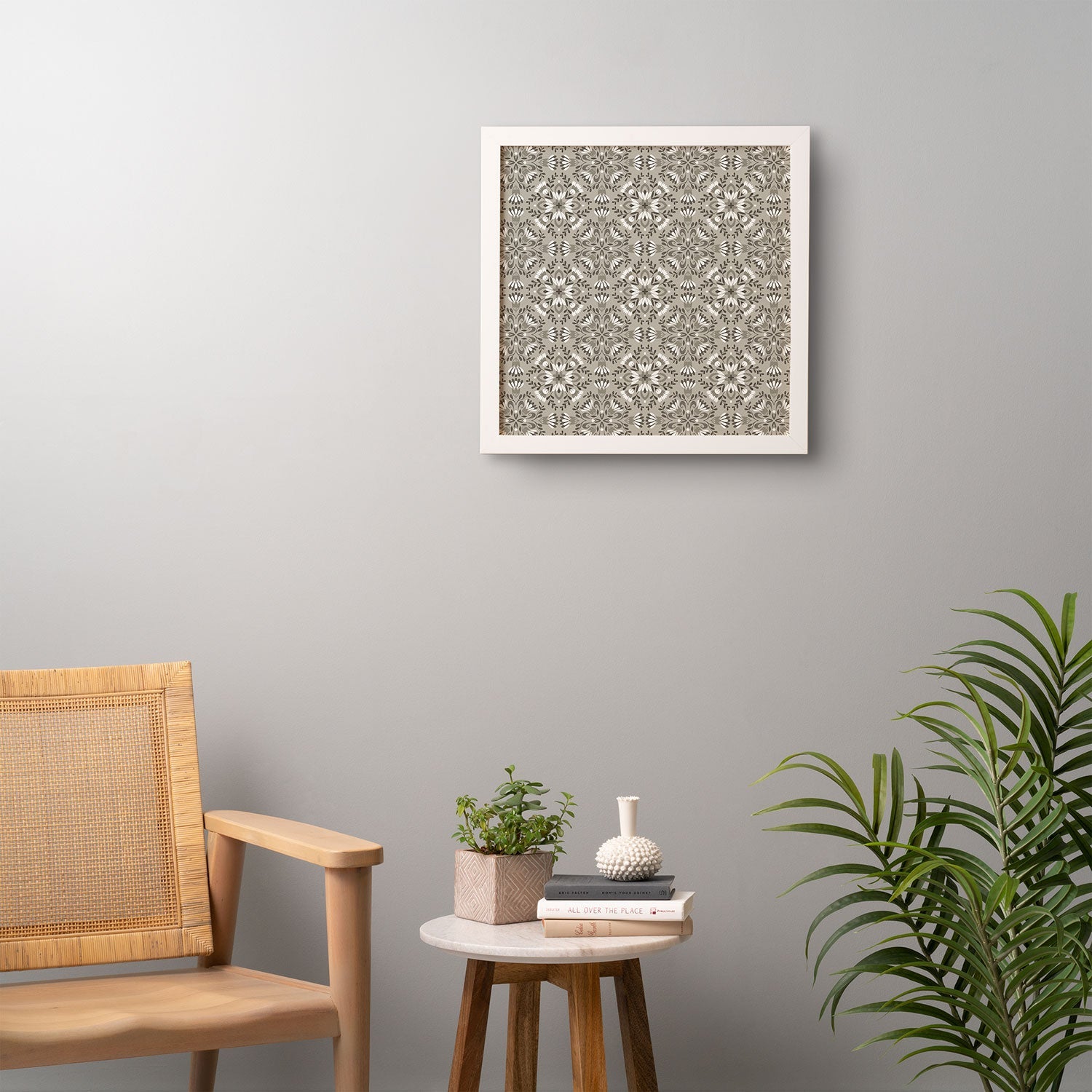 Pimlada Phuapradit Floral Tiles Gray Framed Wall Art