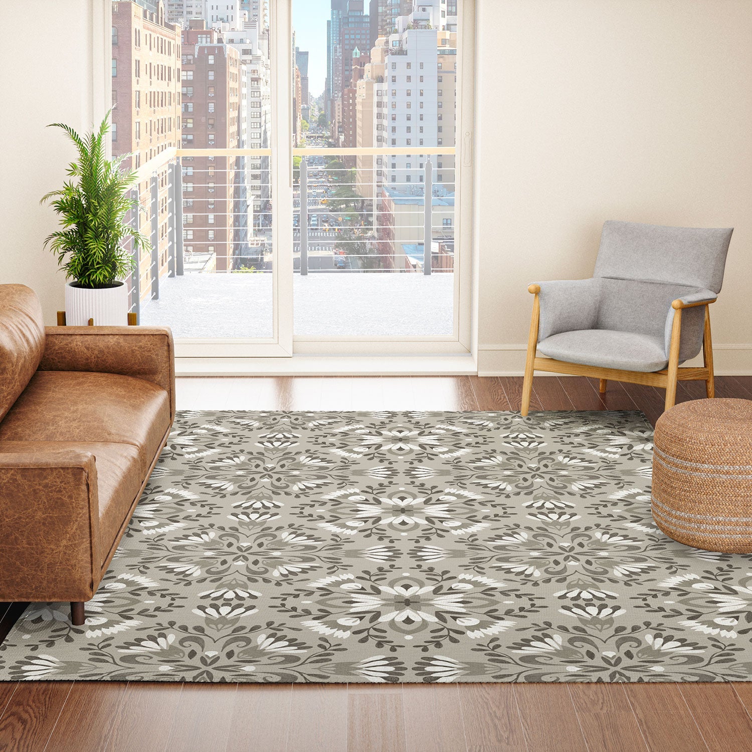 Pimlada Phuapradit Floral Tiles Gray Area Rug