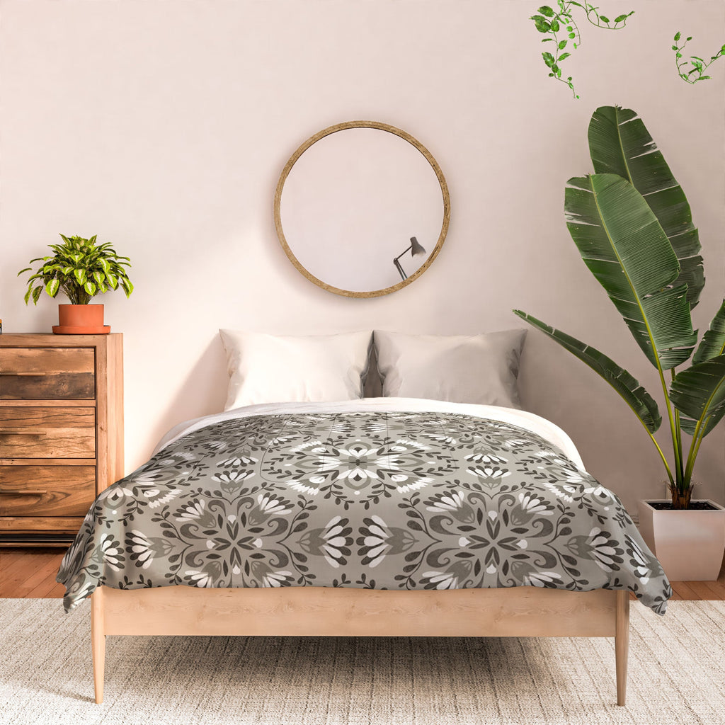 Pimlada Phuapradit Floral Tiles Gray Comforter
