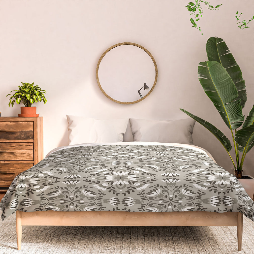 Pimlada Phuapradit Floral Tiles Gray Comforter