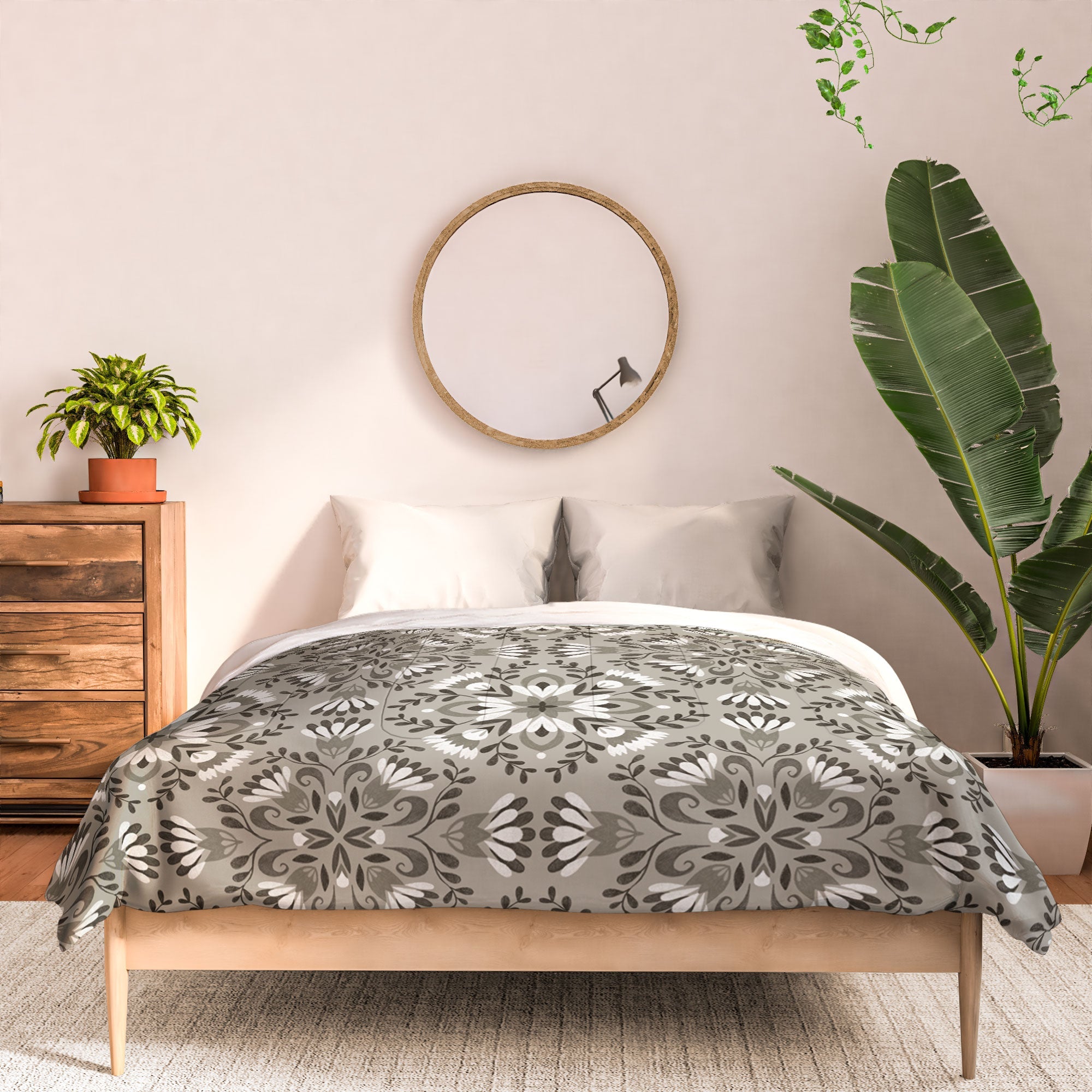 Pimlada Phuapradit Floral Tiles Gray Comforter