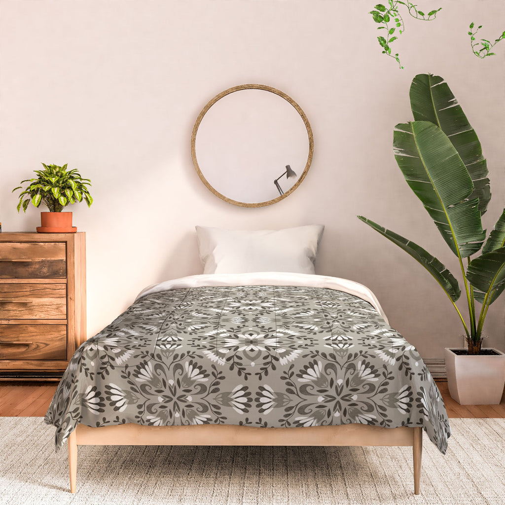 Pimlada Phuapradit Floral Tiles Gray Comforter