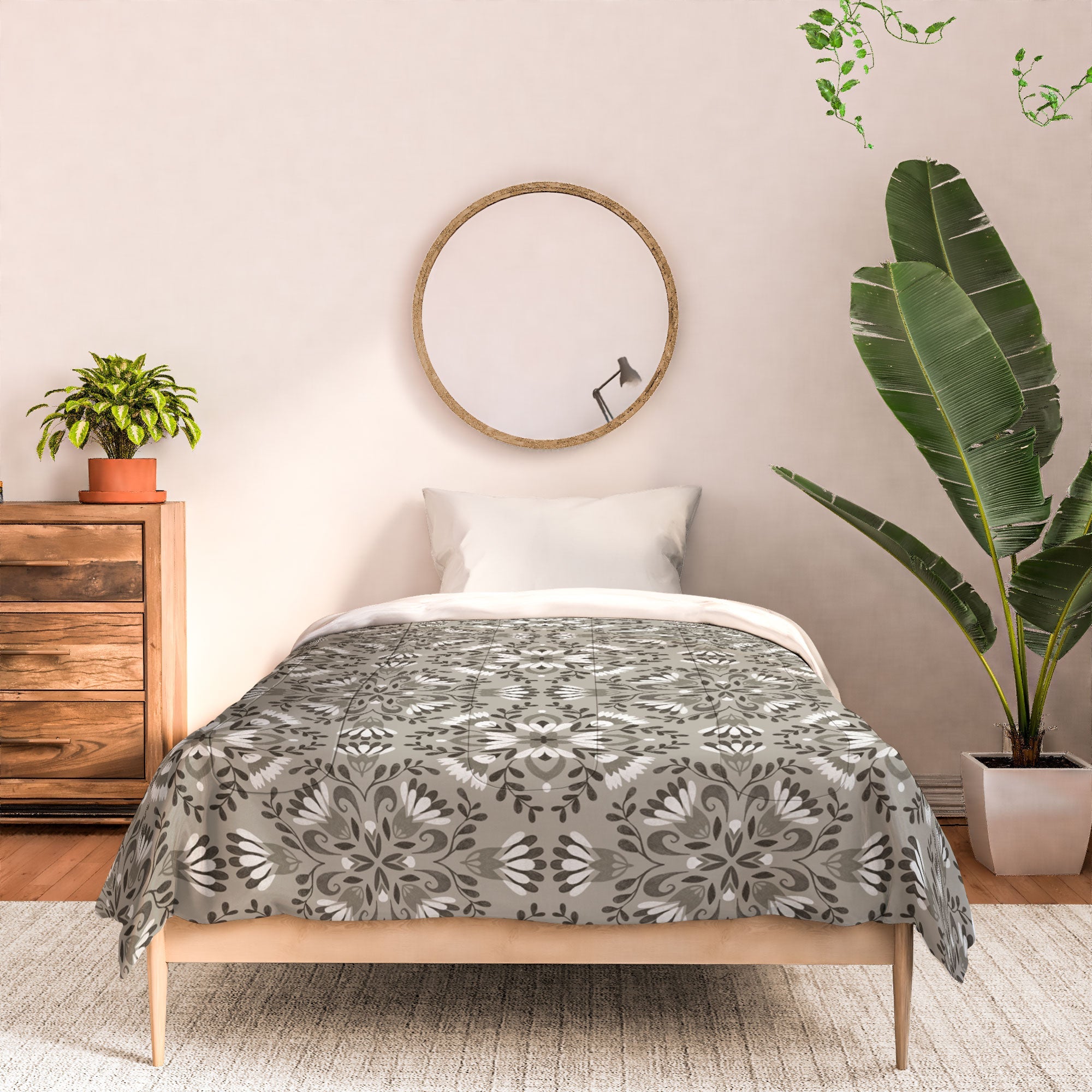 Pimlada Phuapradit Floral Tiles Gray Comforter