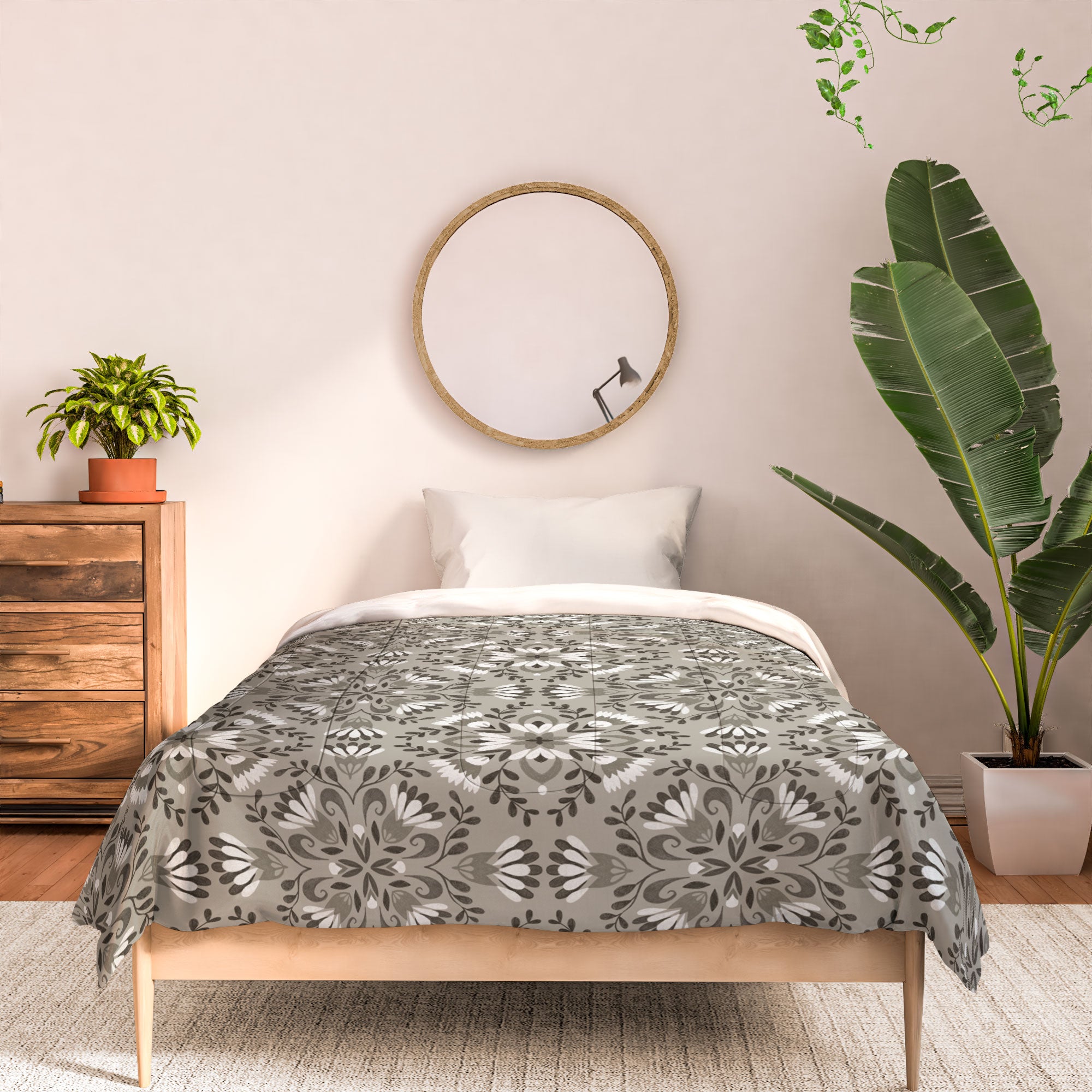 Pimlada Phuapradit Floral Tiles Gray Comforter