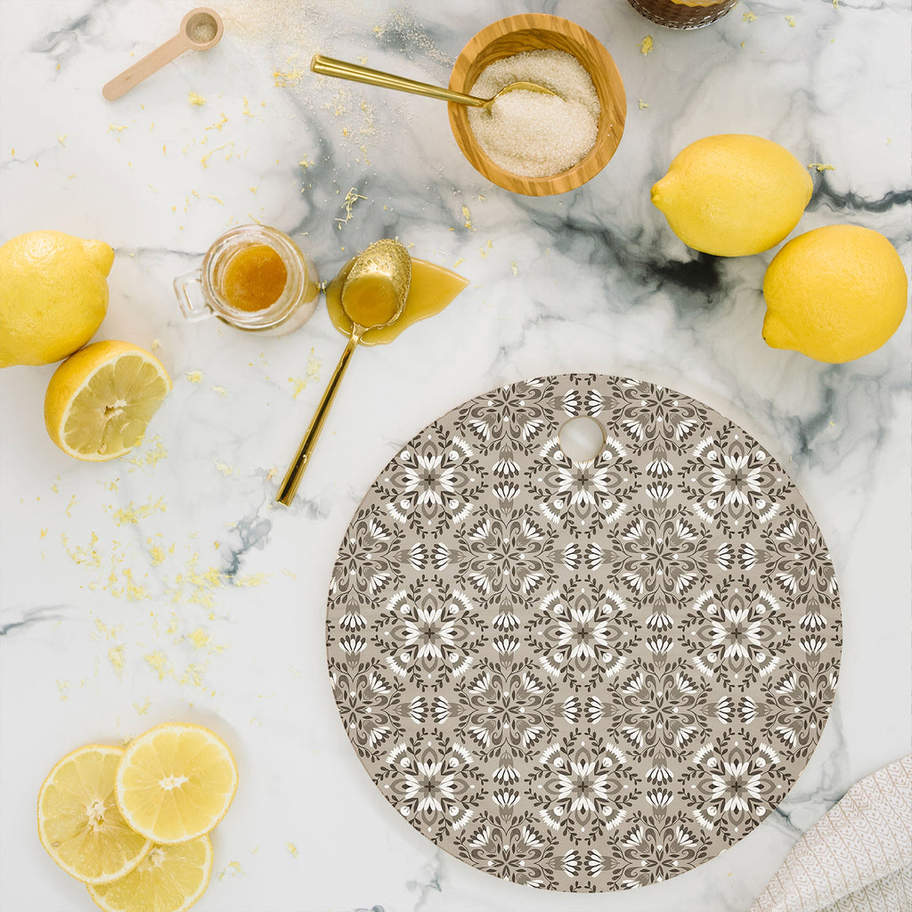 Pimlada Phuapradit Floral Tiles Gray Cutting Board Round