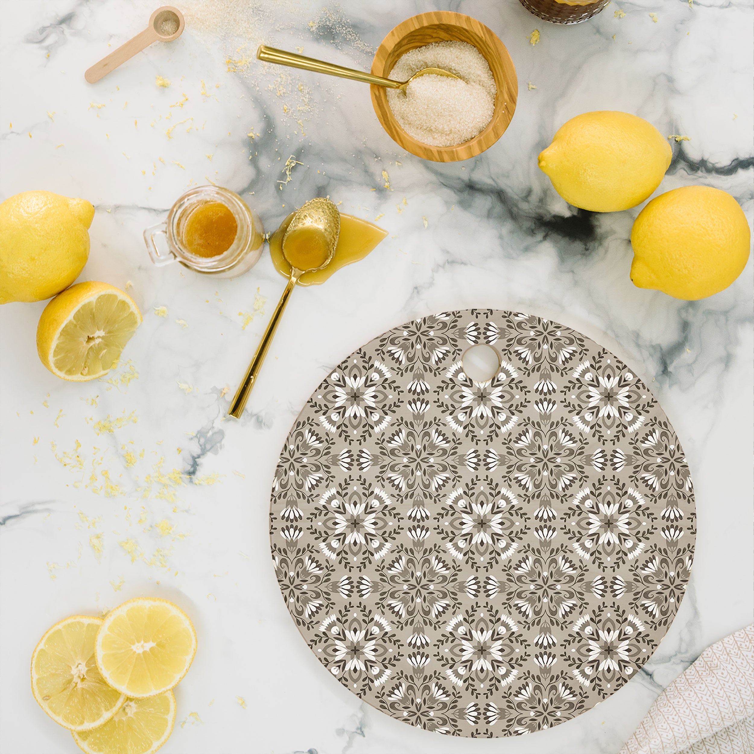 Pimlada Phuapradit Floral Tiles Gray Cutting Board Round