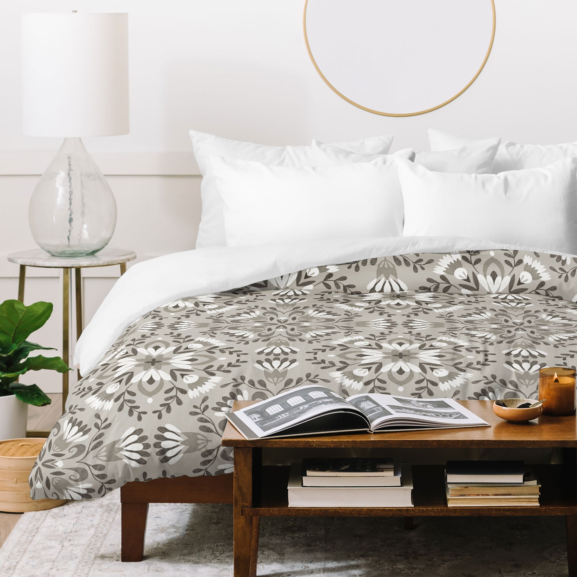 Pimlada Phuapradit Floral Tiles Gray Duvet Cover