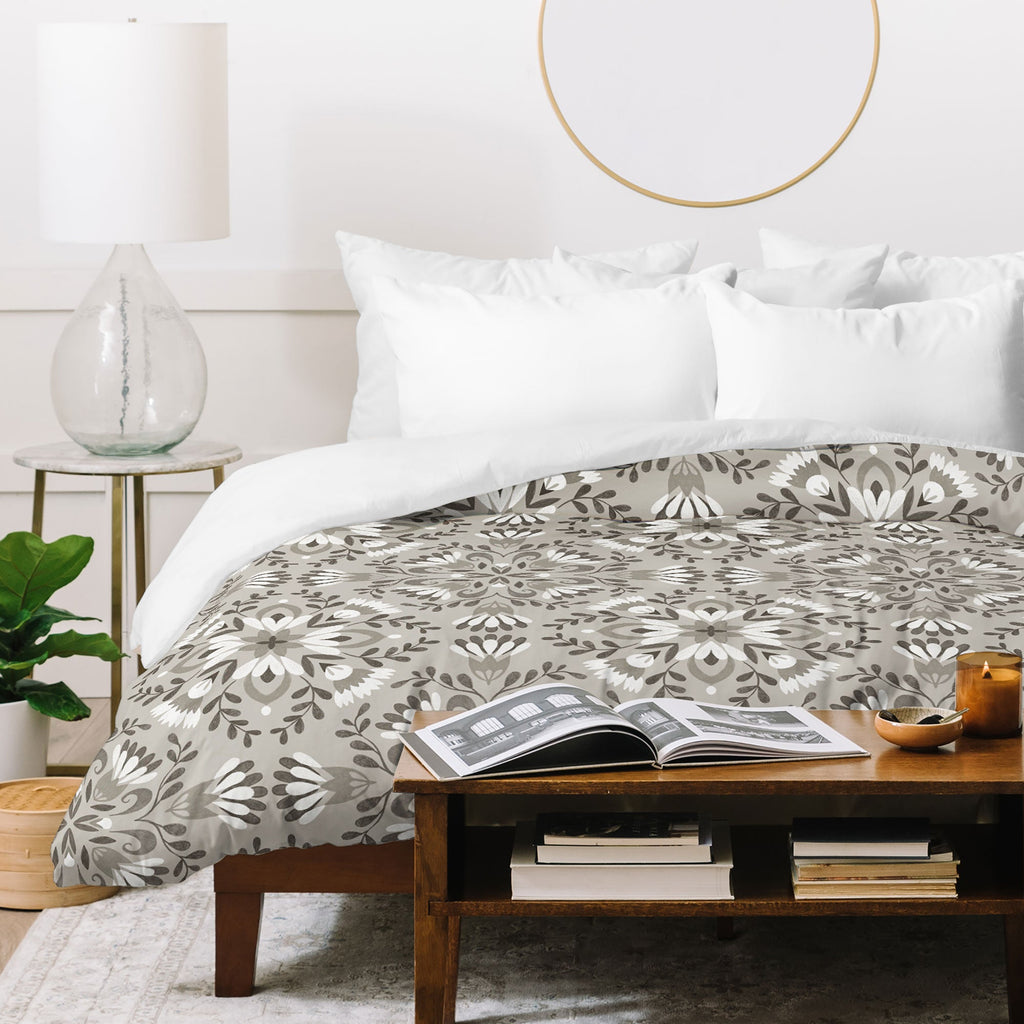 Pimlada Phuapradit Floral Tiles Gray Duvet Cover