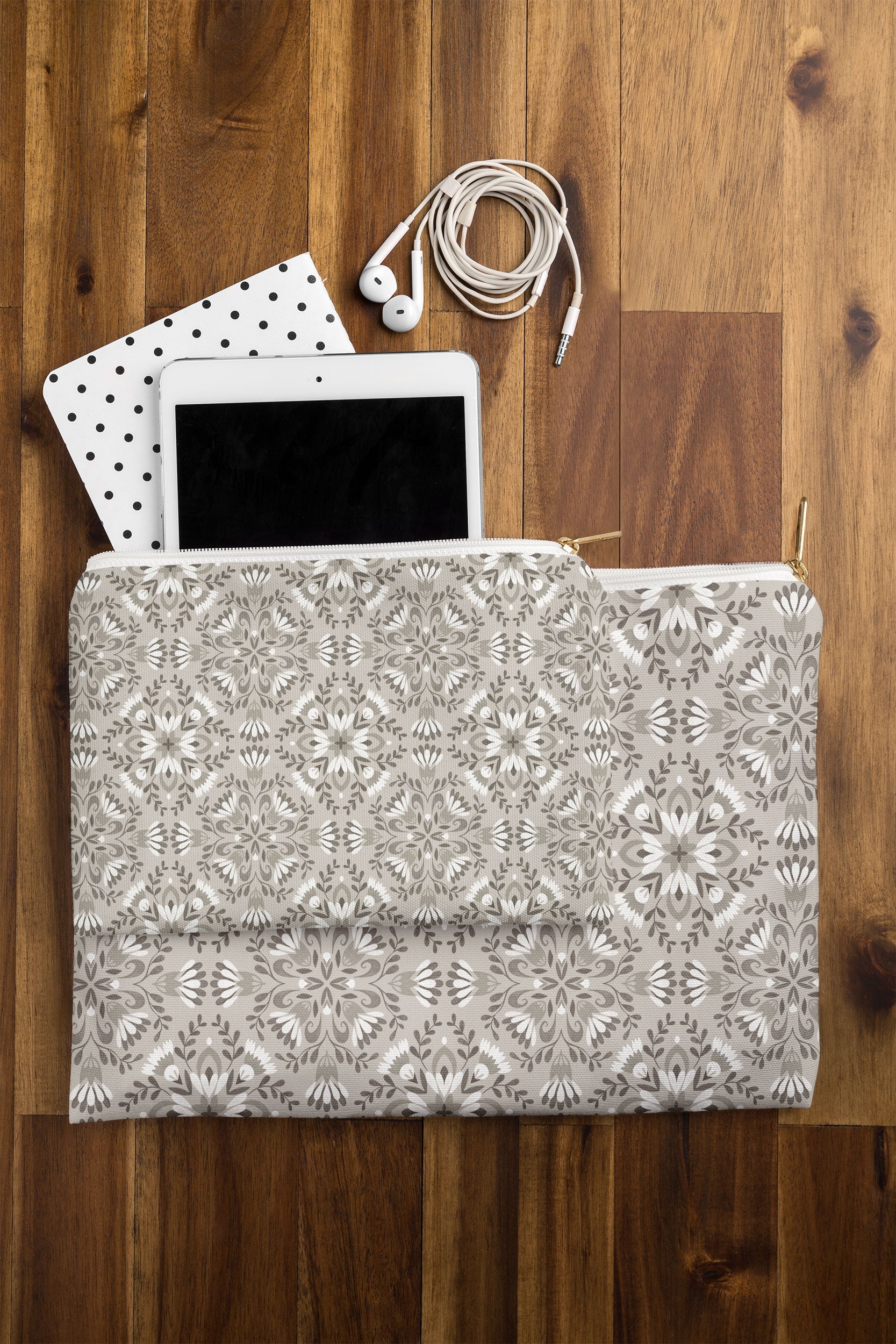 Pimlada Phuapradit Floral Tiles Gray Pouch