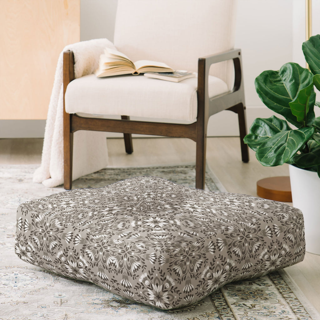 Pimlada Phuapradit Floral Tiles Gray Floor Pillow Square