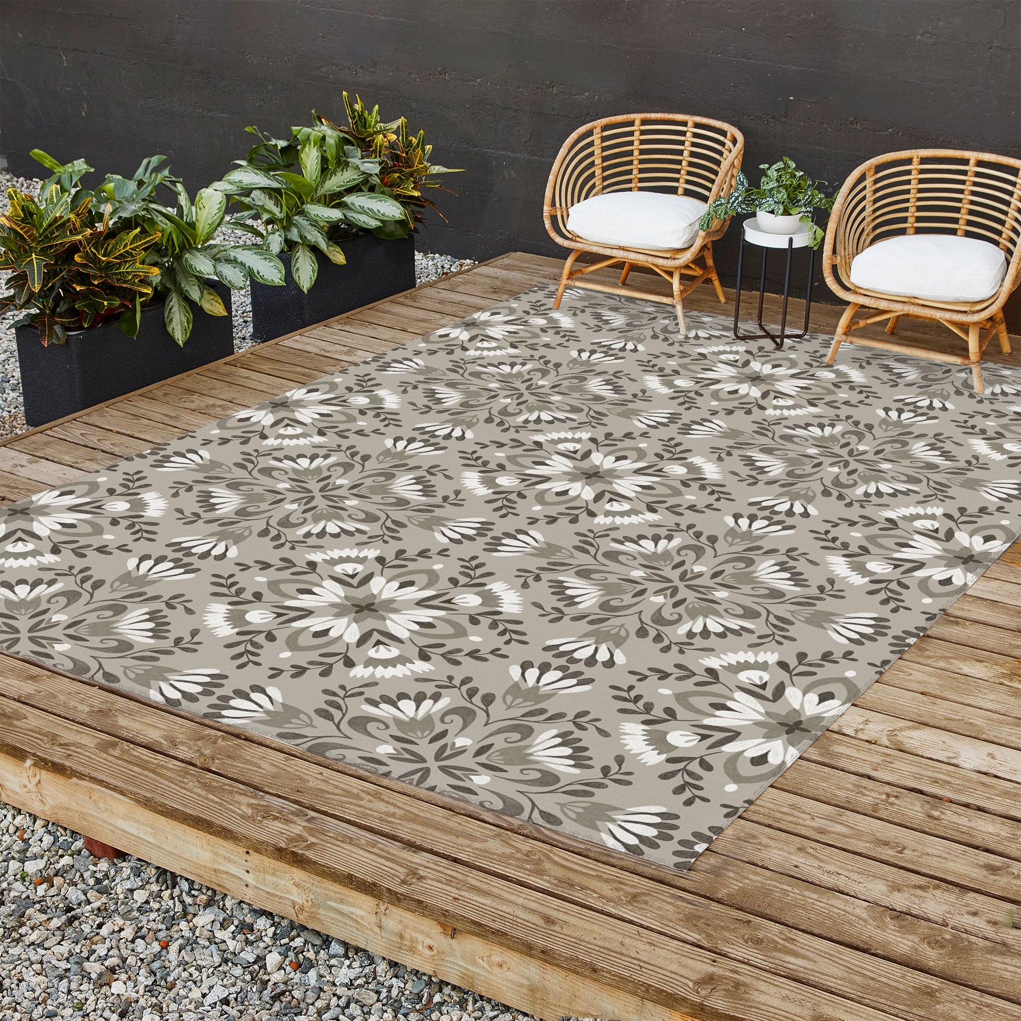 Pimlada Phuapradit Floral Tiles Gray Outdoor Rug