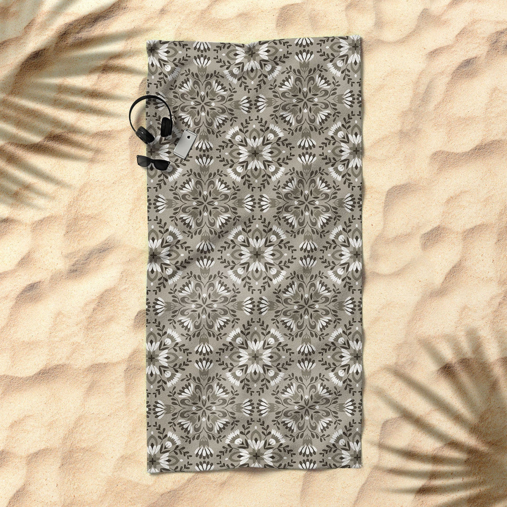 Pimlada Phuapradit Floral Tiles Gray Beach Towel