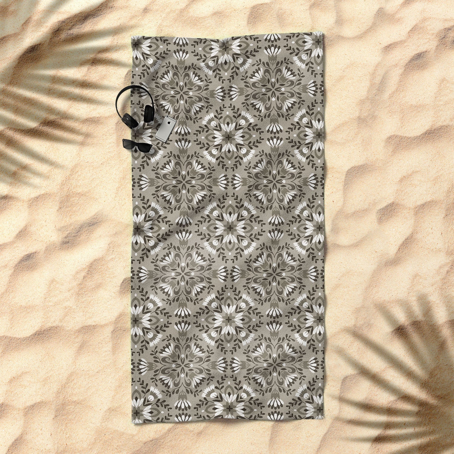 Pimlada Phuapradit Floral Tiles Gray Beach Towel