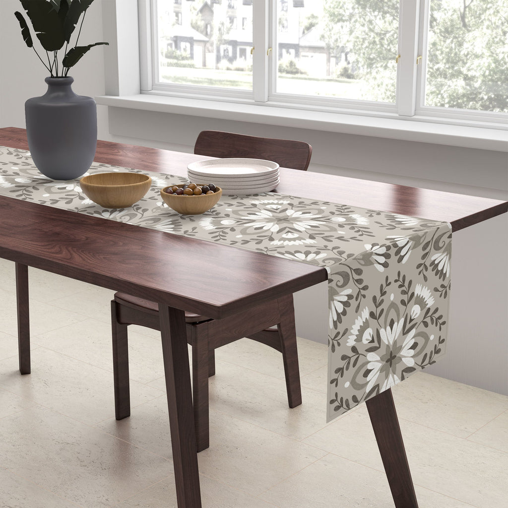 Pimlada Phuapradit Floral Tiles Gray Table Runner