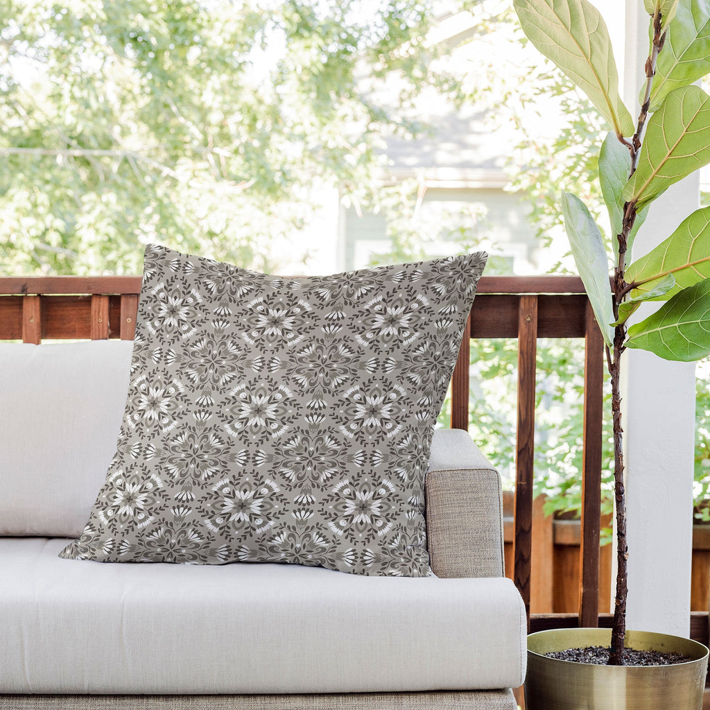 Pimlada Phuapradit Floral Tiles Gray Outdoor Throw Pillow