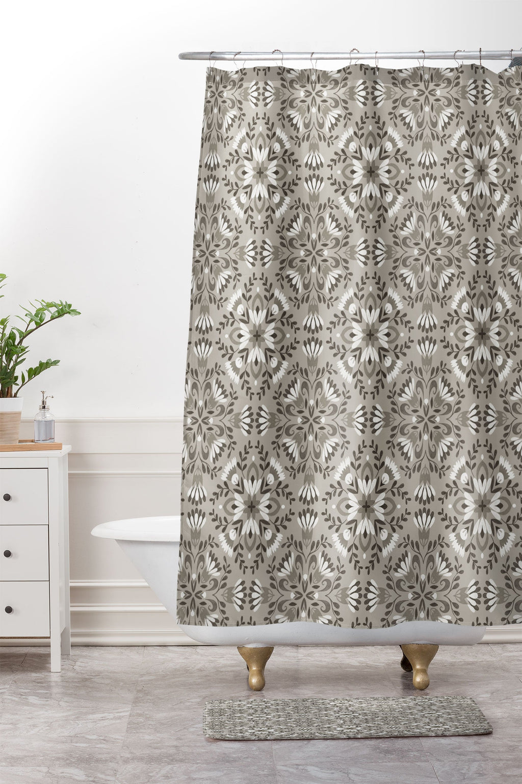 Pimlada Phuapradit Floral Tiles Gray Memory Foam Bath Mat