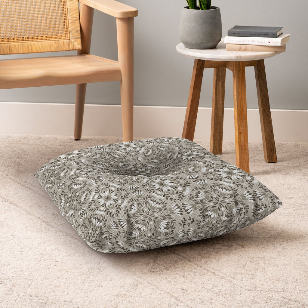 Pimlada Phuapradit Floral Tiles Gray Floor Pillow Square