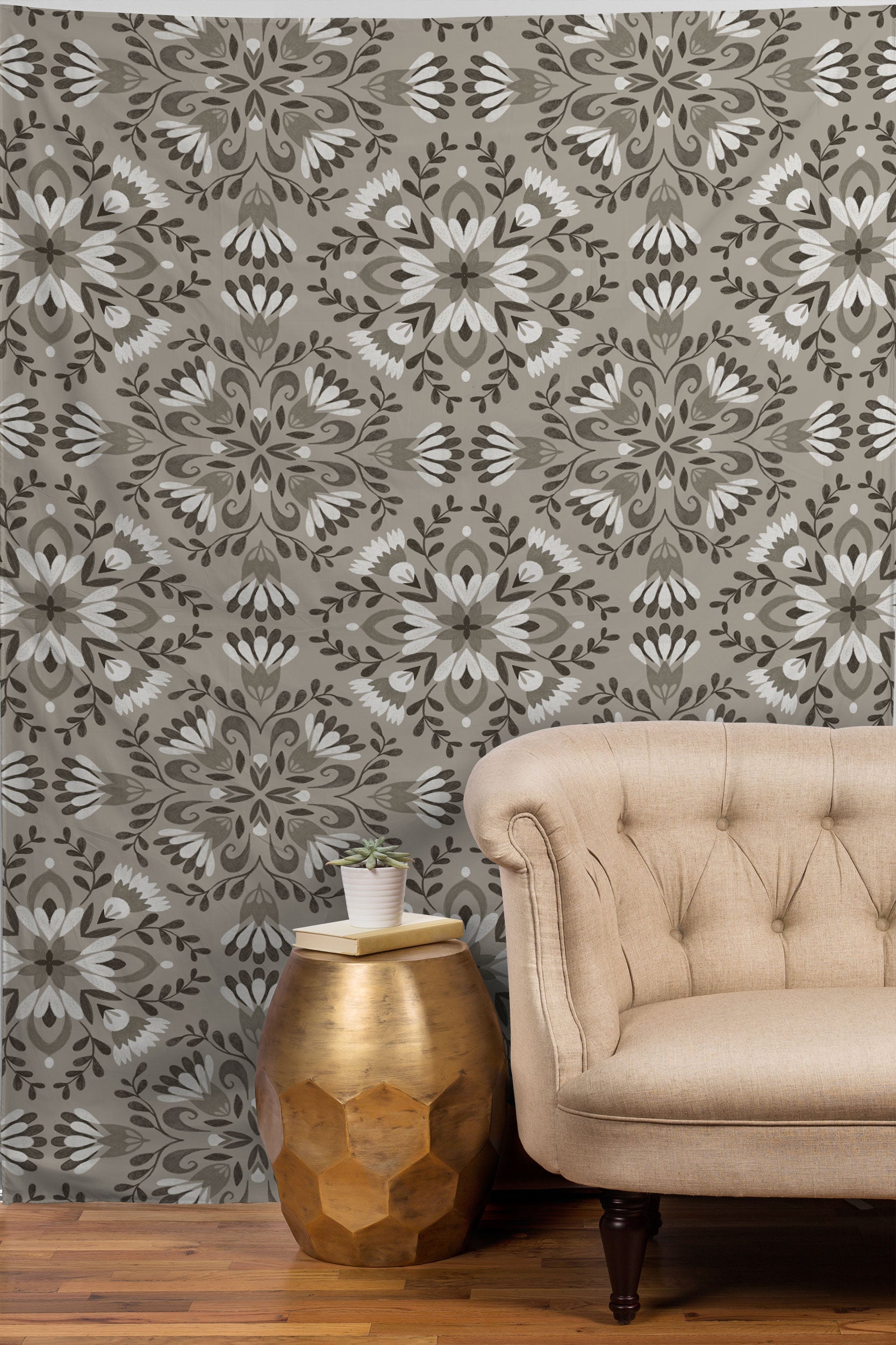 Pimlada Phuapradit Floral Tiles Gray Tapestry
