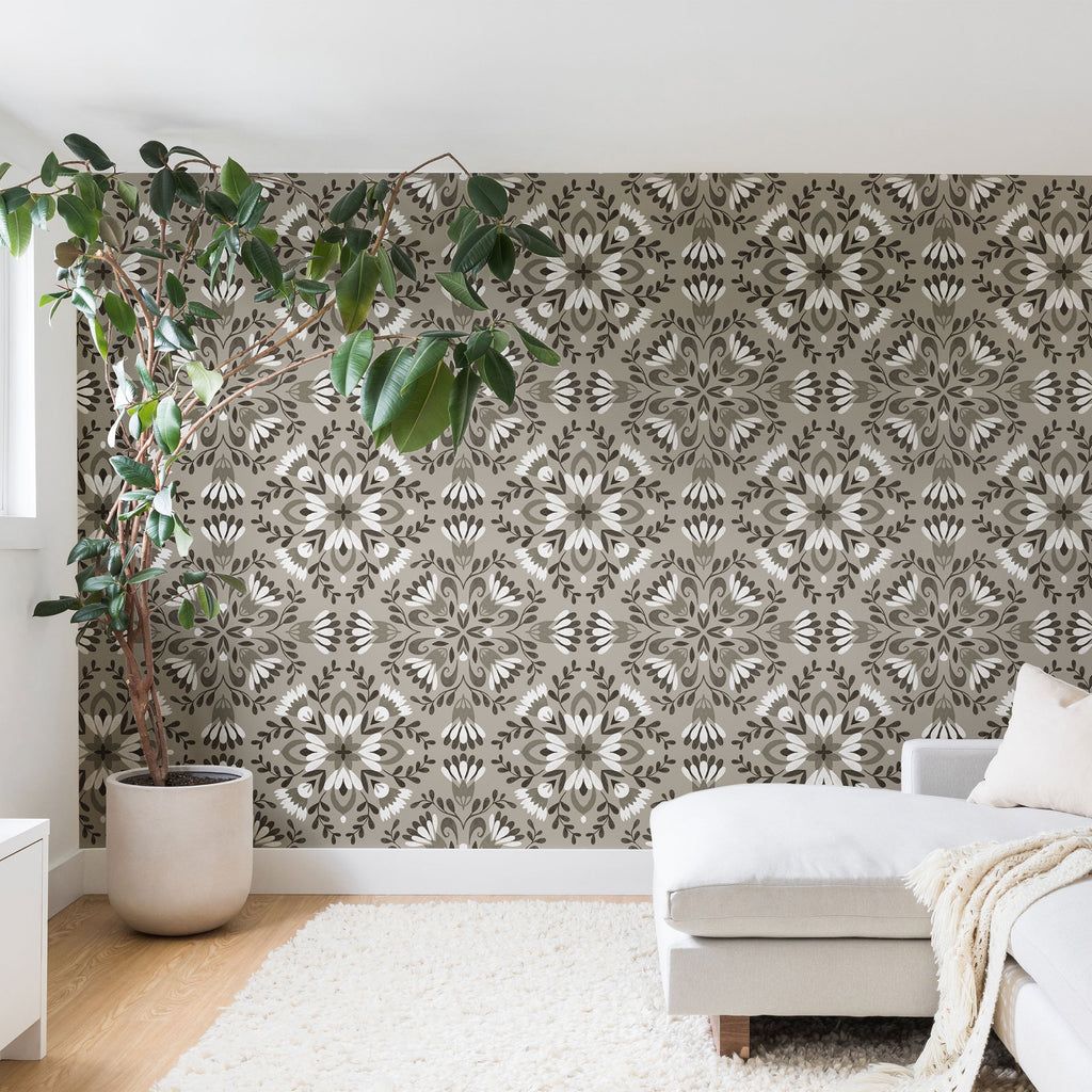 Pimlada Phuapradit Floral Tiles Gray Wall Mural