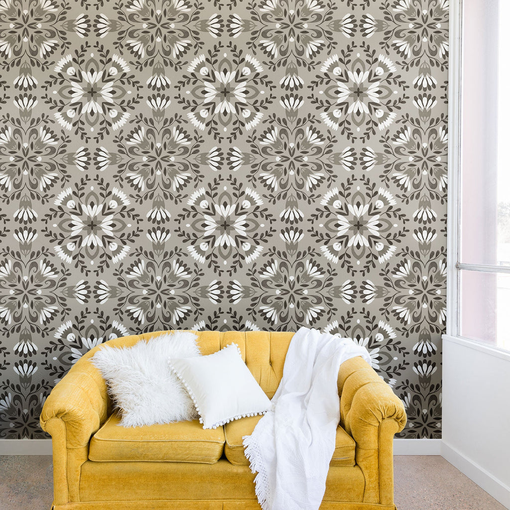 Pimlada Phuapradit Floral Tiles Gray Wall Mural